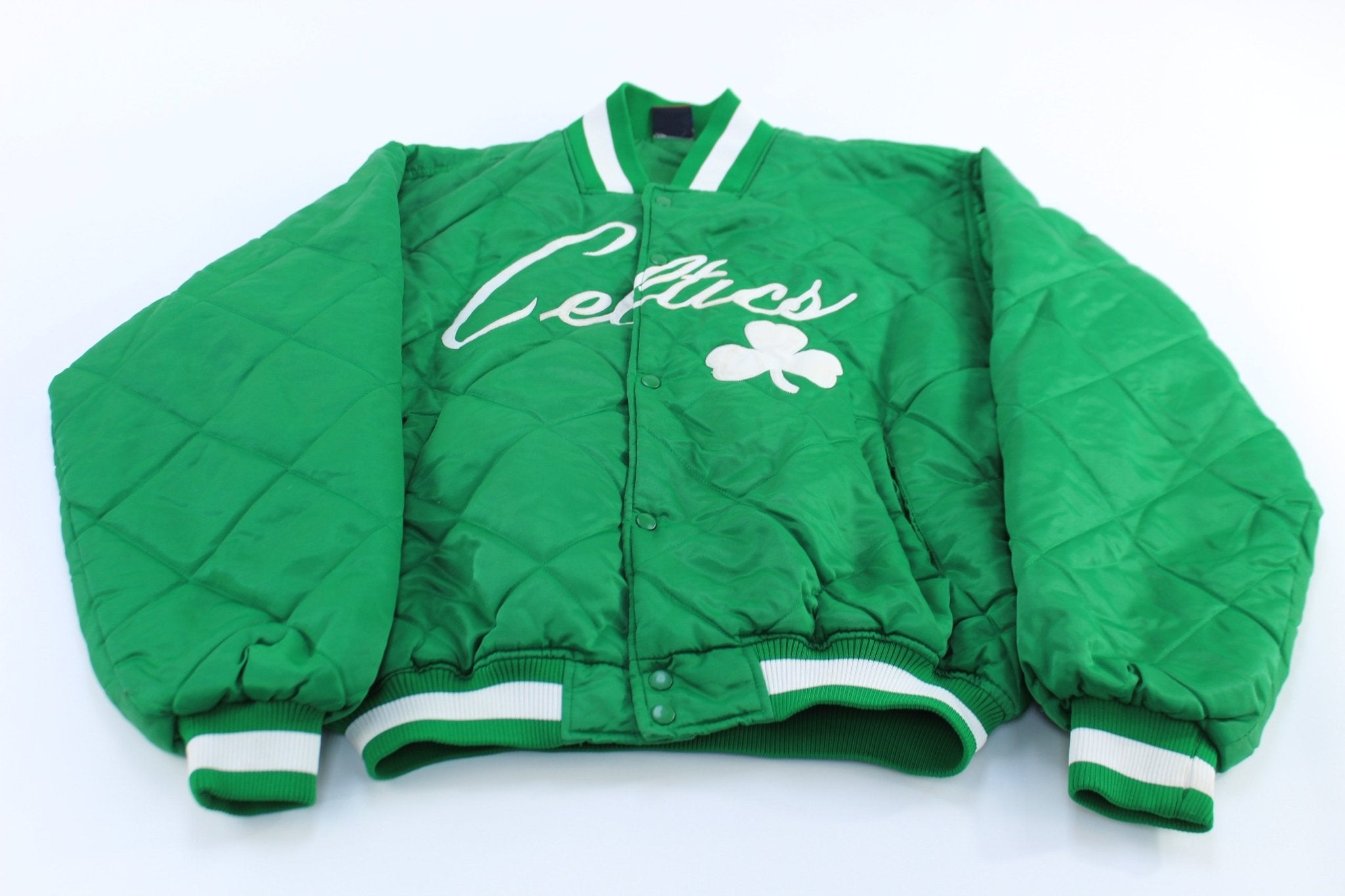 Boston Celtics Basketball Embroidered Majestic Quilted Bomber Jacket - ThriftedThreads.com