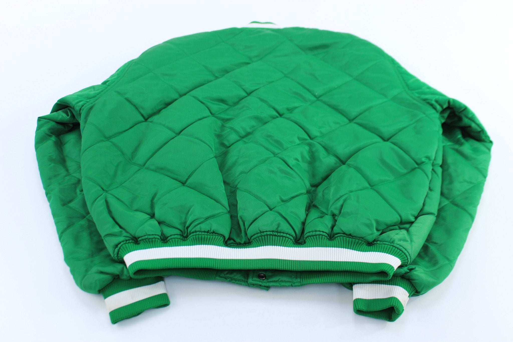 Boston Celtics Basketball Embroidered Majestic Quilted Bomber Jacket - ThriftedThreads.com