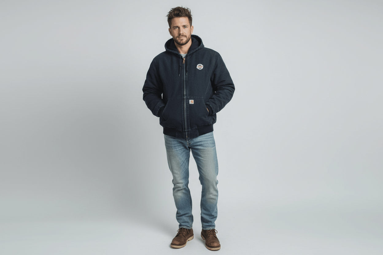 Carhartt Logo Patch Black Full Zip Hooded Jacket - ThriftedThreads.com