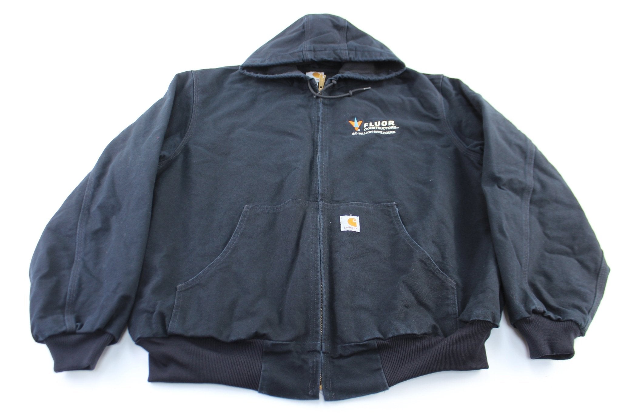 Carhartt Logo Patch Black Hooded Zip Up Jacket - ThriftedThreads.com