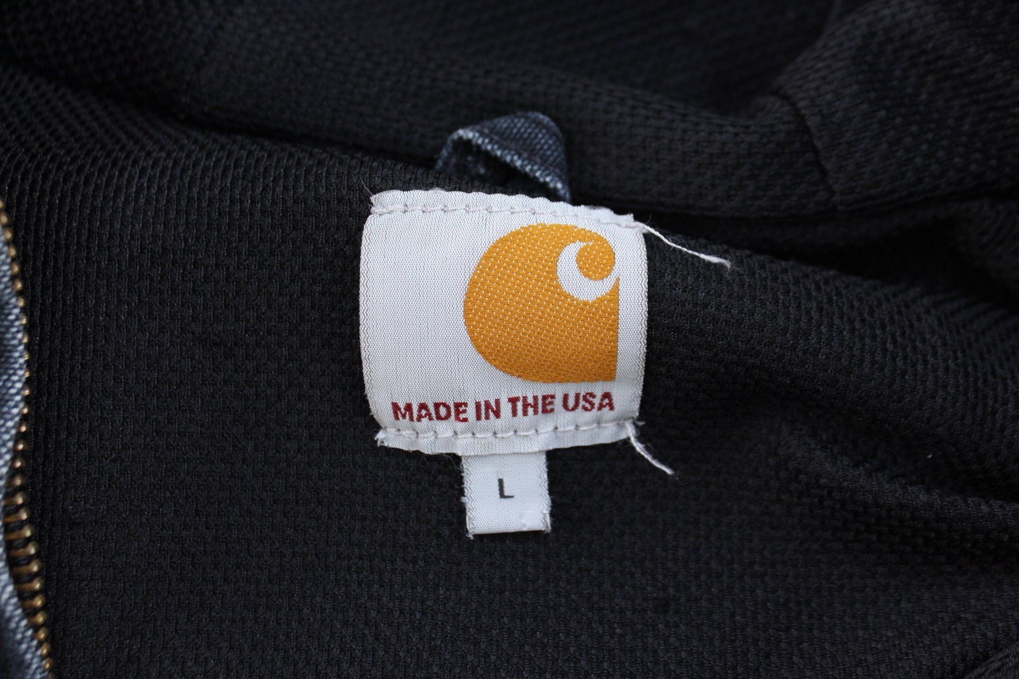 Carhartt Logo Patch Black Hooded Zip Up Jacket - ThriftedThreads.com