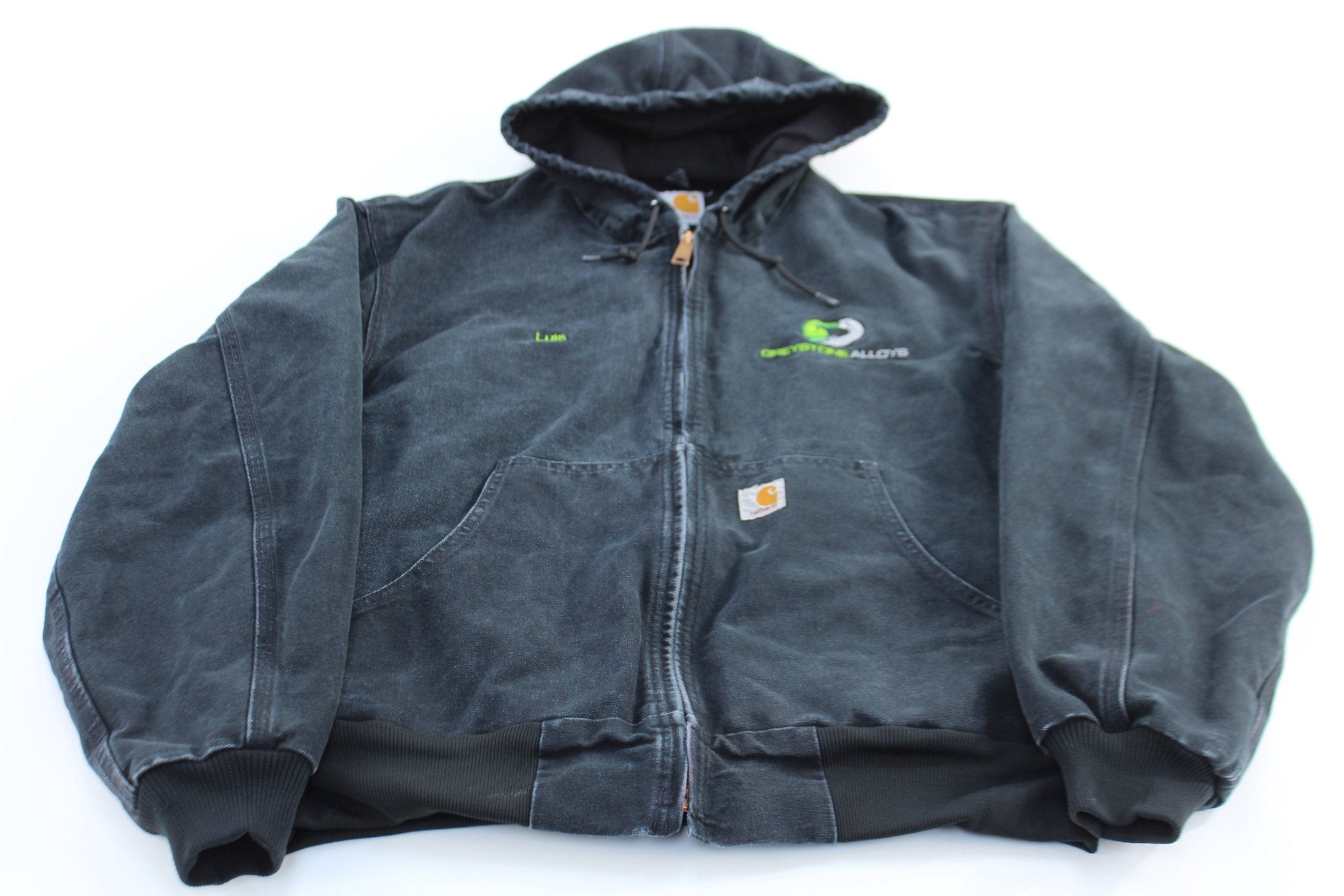 Carhartt Logo Patch Black Hooded Zip Up Jacket - ThriftedThreads.com