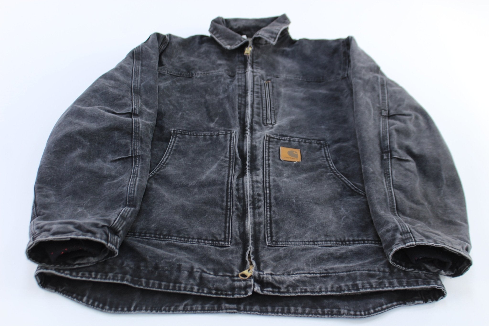 Carhartt Logo Patch Black Sherpa Lined Zip Up Jacket - ThriftedThreads.com