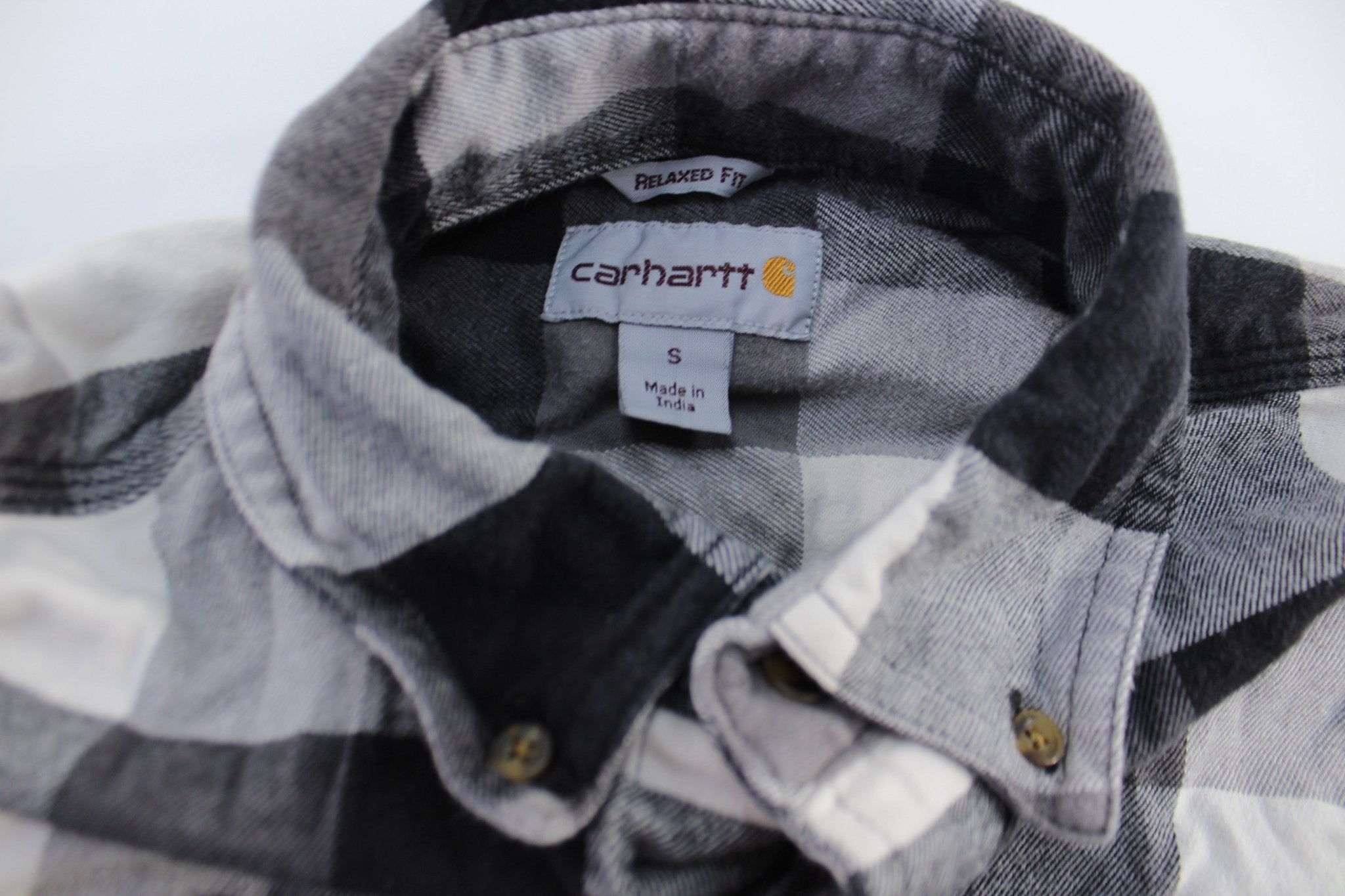 Carhartt Logo Patch Black & White Plaid LS Button Down Shirt - ThriftedThreads.com