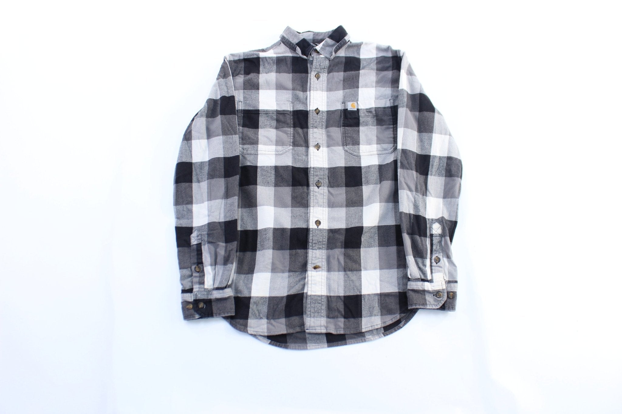 Carhartt Logo Patch Black & White Plaid LS Button Down Shirt - ThriftedThreads.com