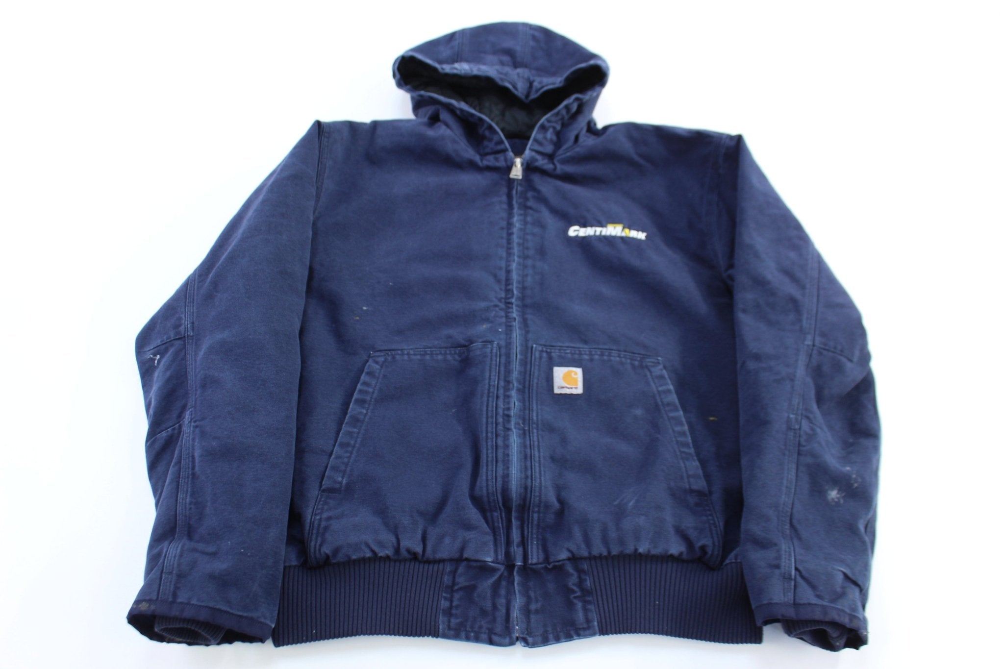 Carhartt Logo Patch Blue Full Zip Hooded Jacket - ThriftedThreads.com