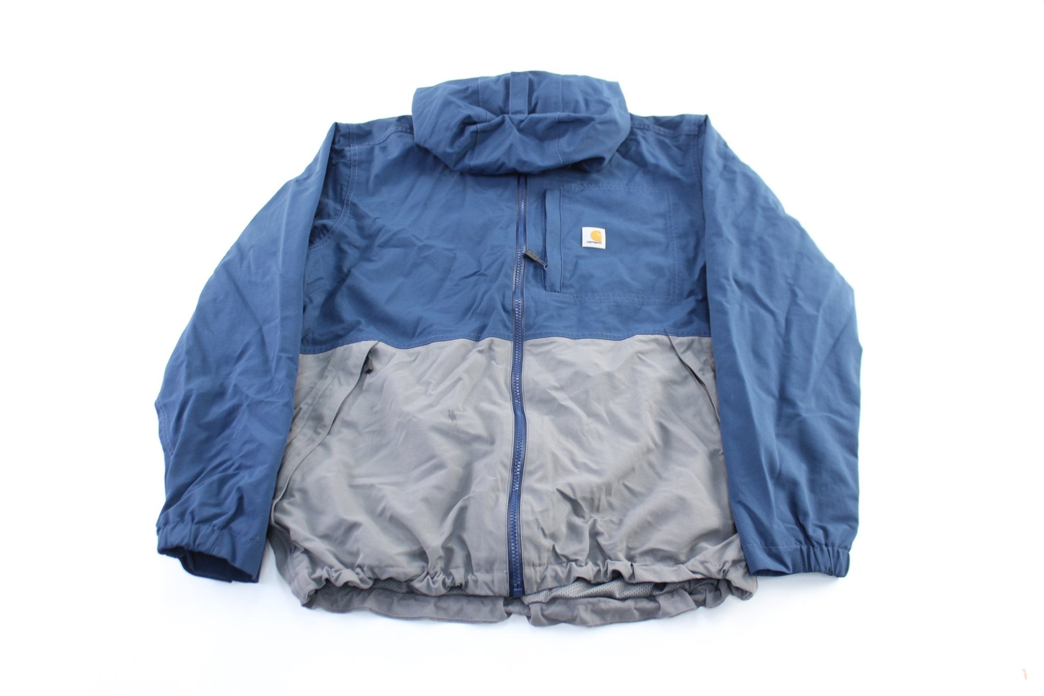 Carhartt Logo Patch Blue & Grey Storm Defender Zip Up Jacket - ThriftedThreads.com