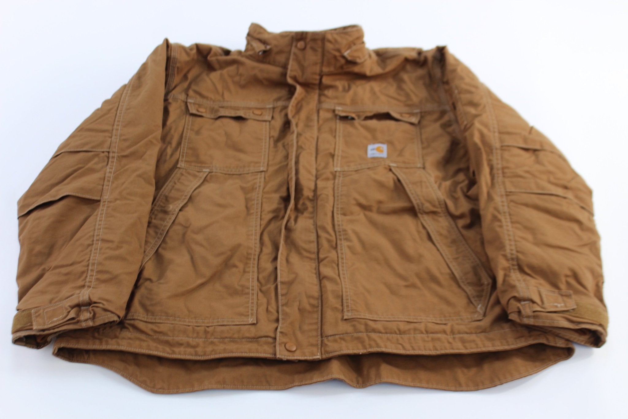 Carhartt Logo Patch Brown Full Swing Flame Resistant Zip Up Jacket - ThriftedThreads.com
