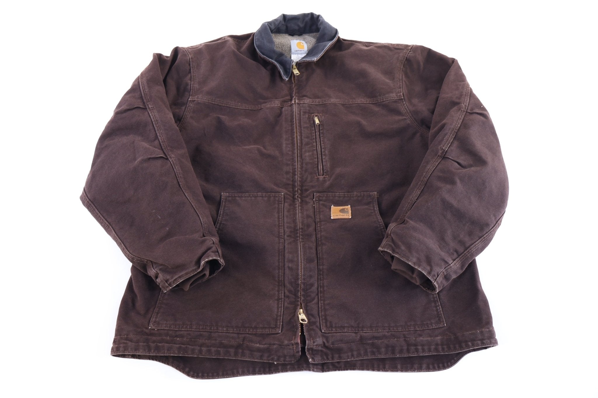Carhartt Logo Patch Brown Sherpa Lined Full Zip Jacket - Jacket - Thrifted Threads