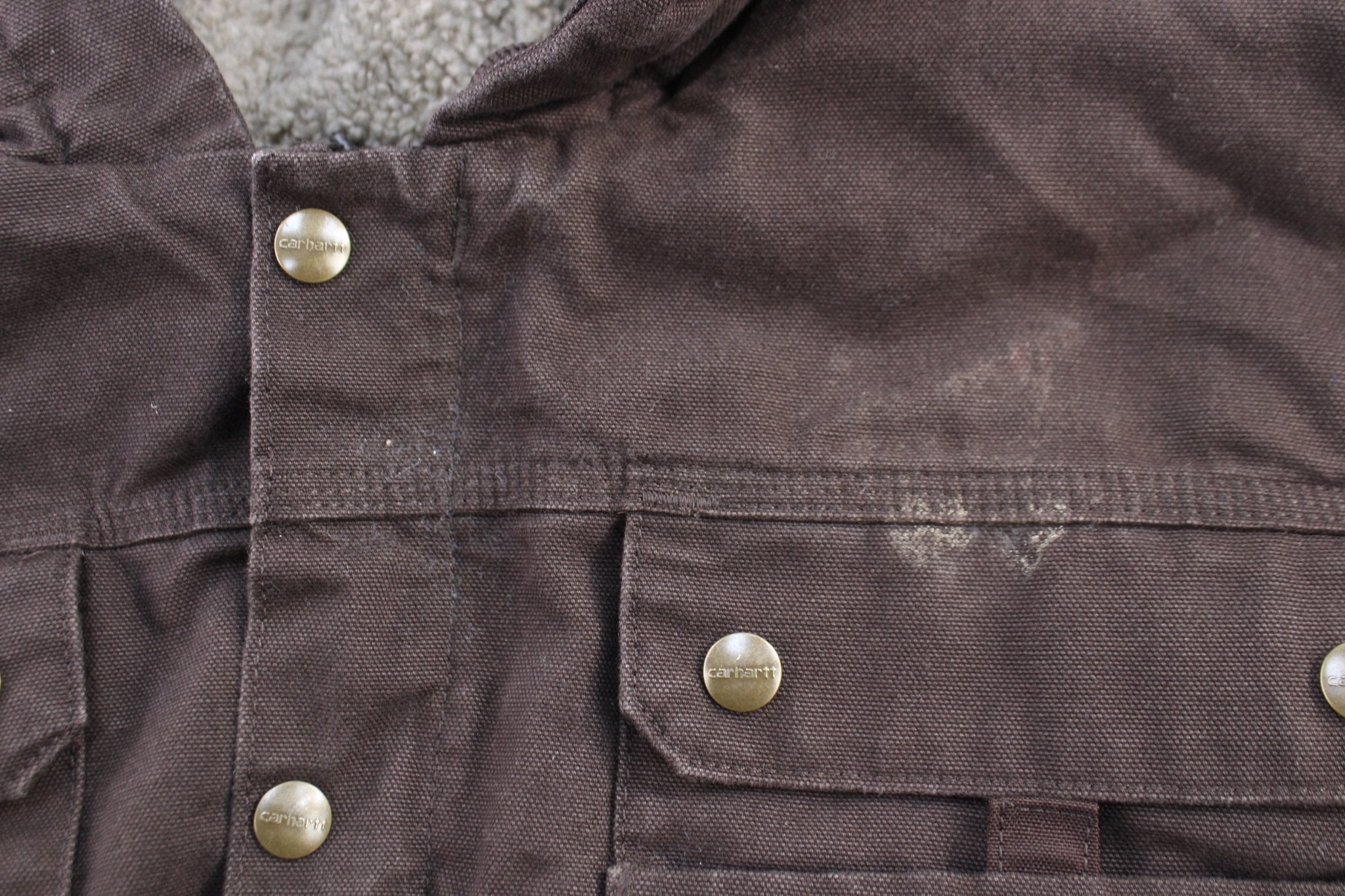 Carhartt Logo Patch Brown Sherpa Lined Jacket - ThriftedThreads.com