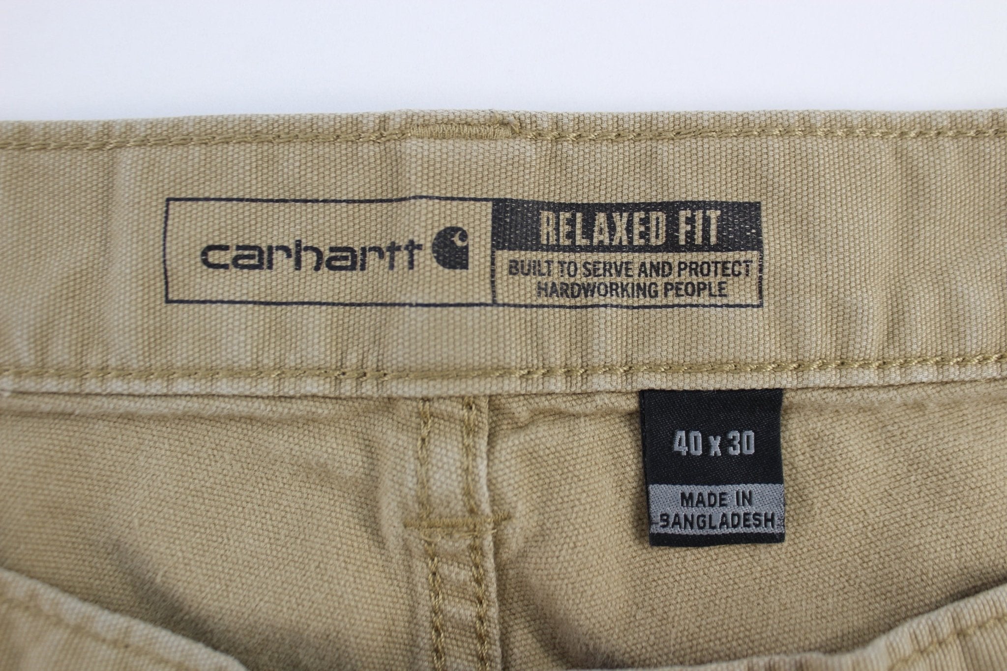 Carhartt Logo Patch Dark Khaki Relaxed Fit Pants - ThriftedThreads.com