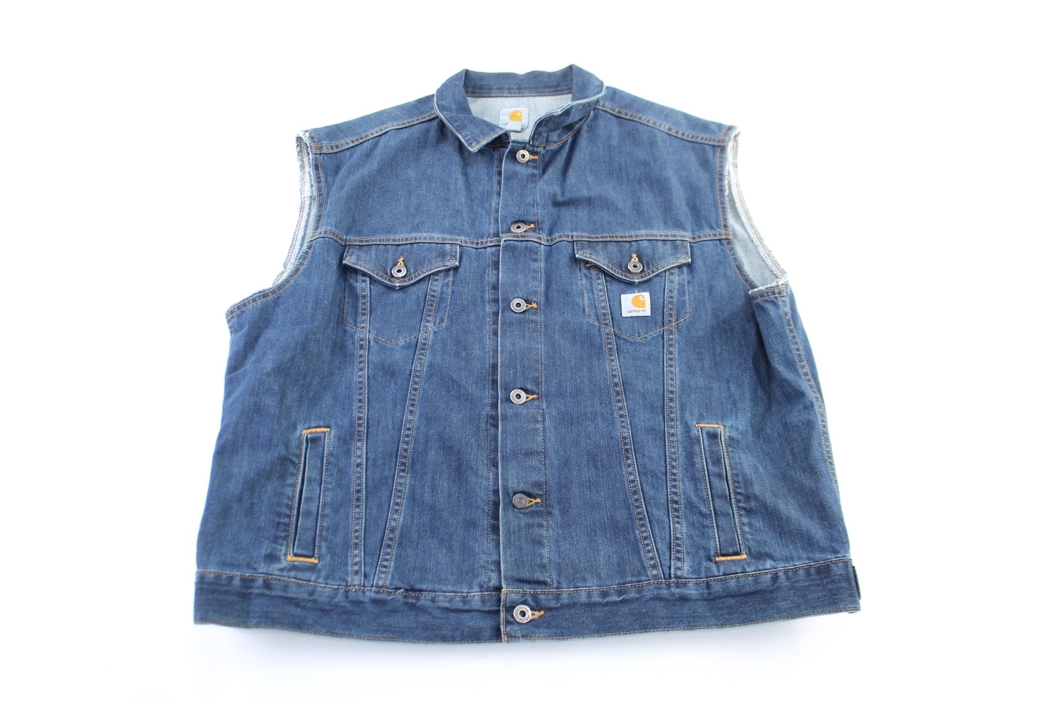 Carhartt Logo Patch Dark Wash Denim Vest - ThriftedThreads.com