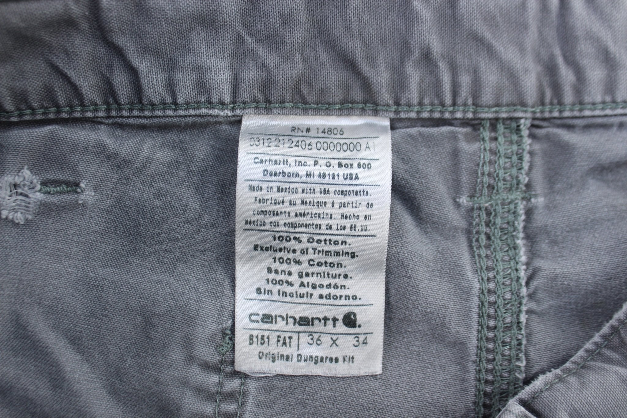 Carhartt Logo Patch Grey Original Dunagree Fit Pants - ThriftedThreads.com