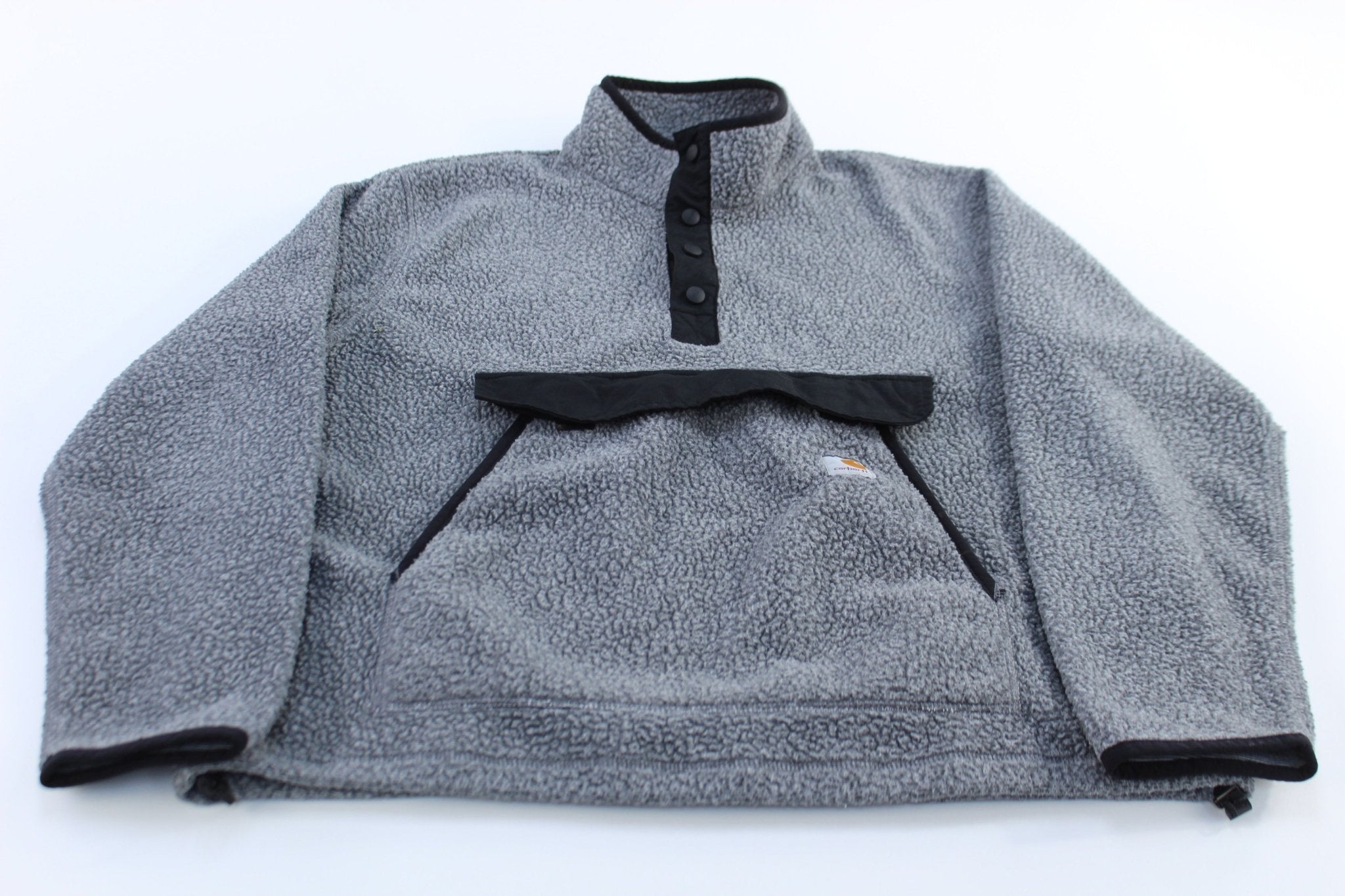Carhartt Logo Patch Grey Relaxed Fit Fleece Pullover - ThriftedThreads.com