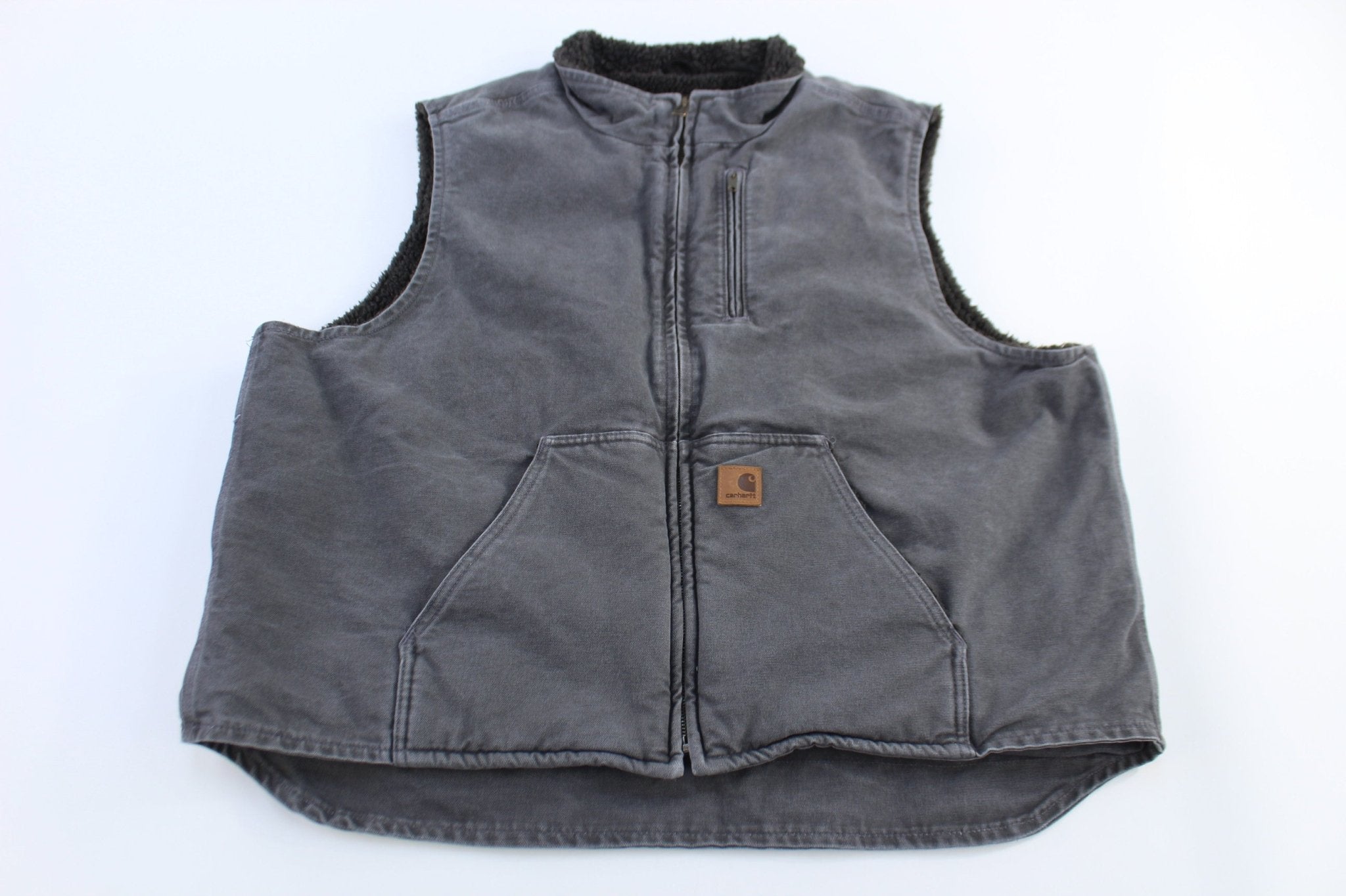 Carhartt Logo Patch Grey Sherpa Lined Full Zip Vest - Vest - Thrifted Threads