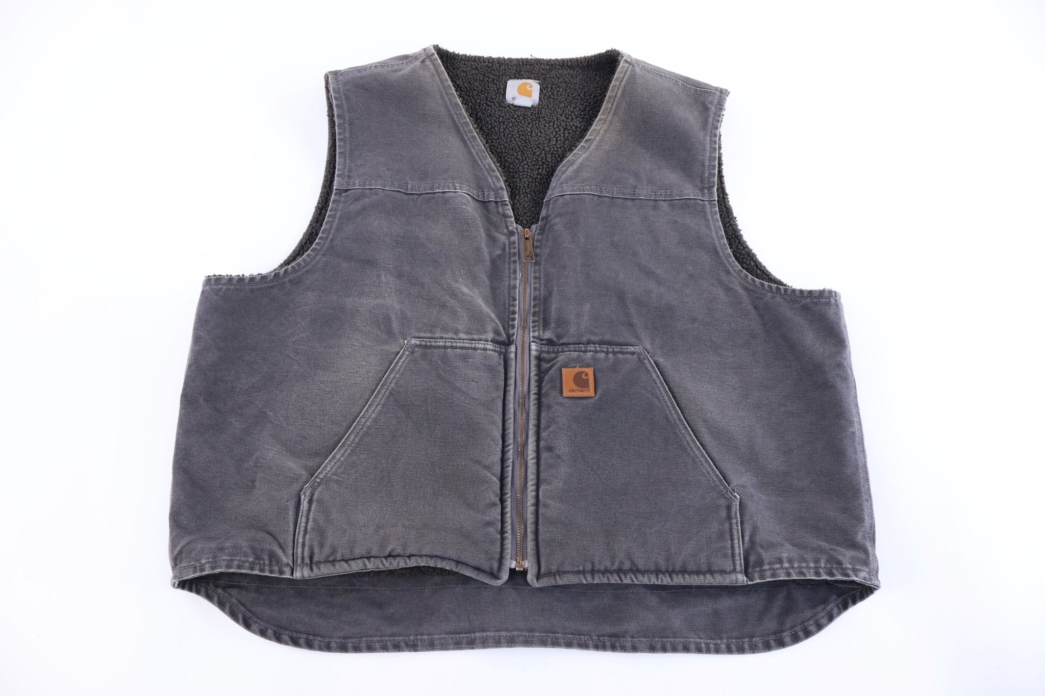 Carhartt Logo Patch Grey Sherpa Lined Full Zip Vest - Vest - Thrifted Threads