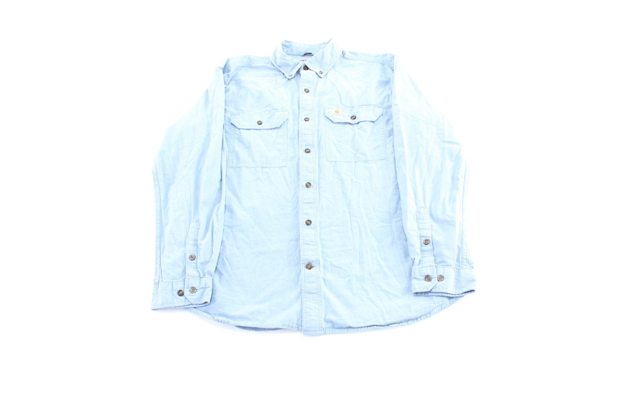 Carhartt Logo Patch Light Blue LS Button Down Shirt - ThriftedThreads.com