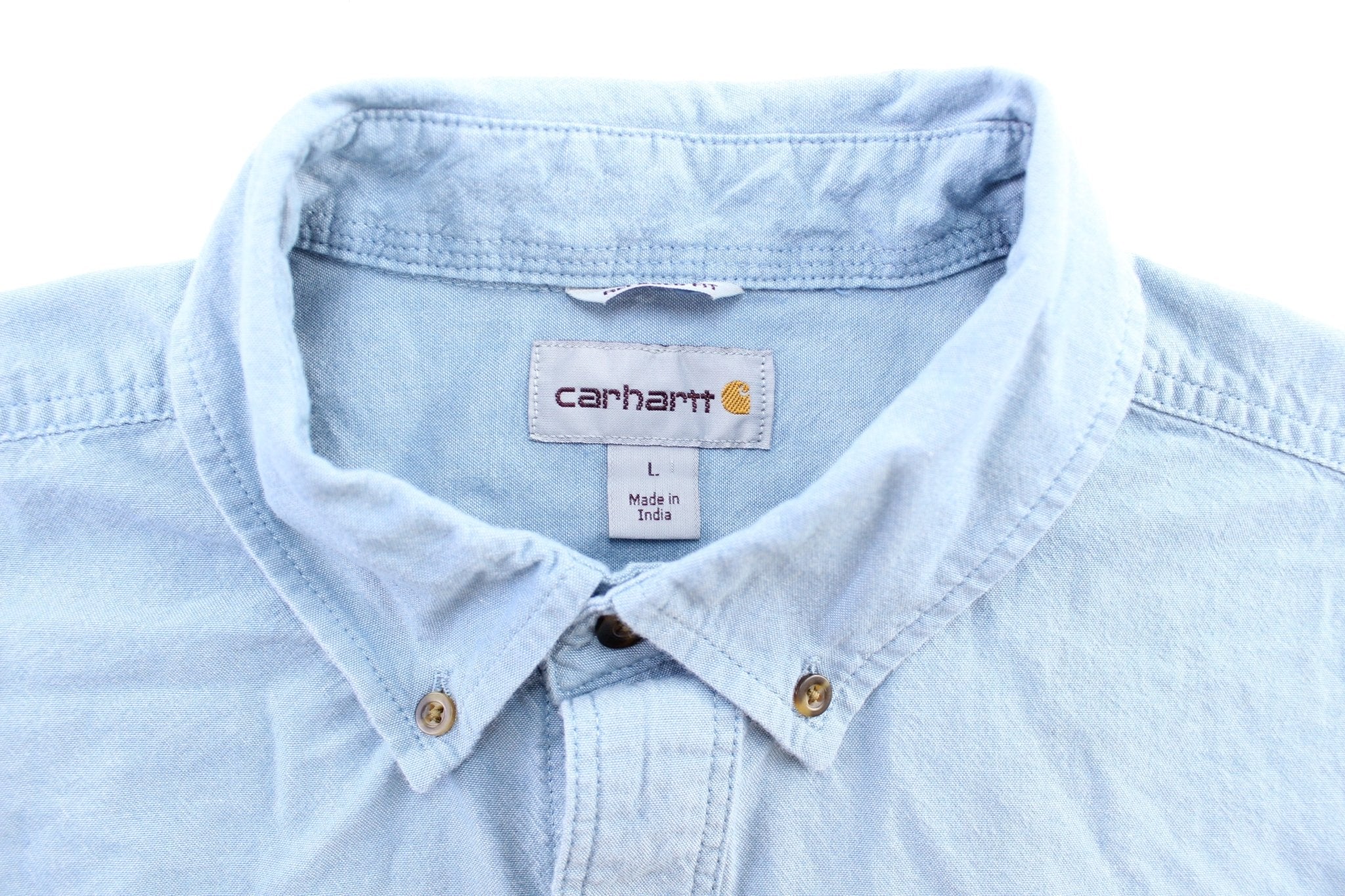 Carhartt Logo Patch Light Blue LS Button Down Shirt - ThriftedThreads.com