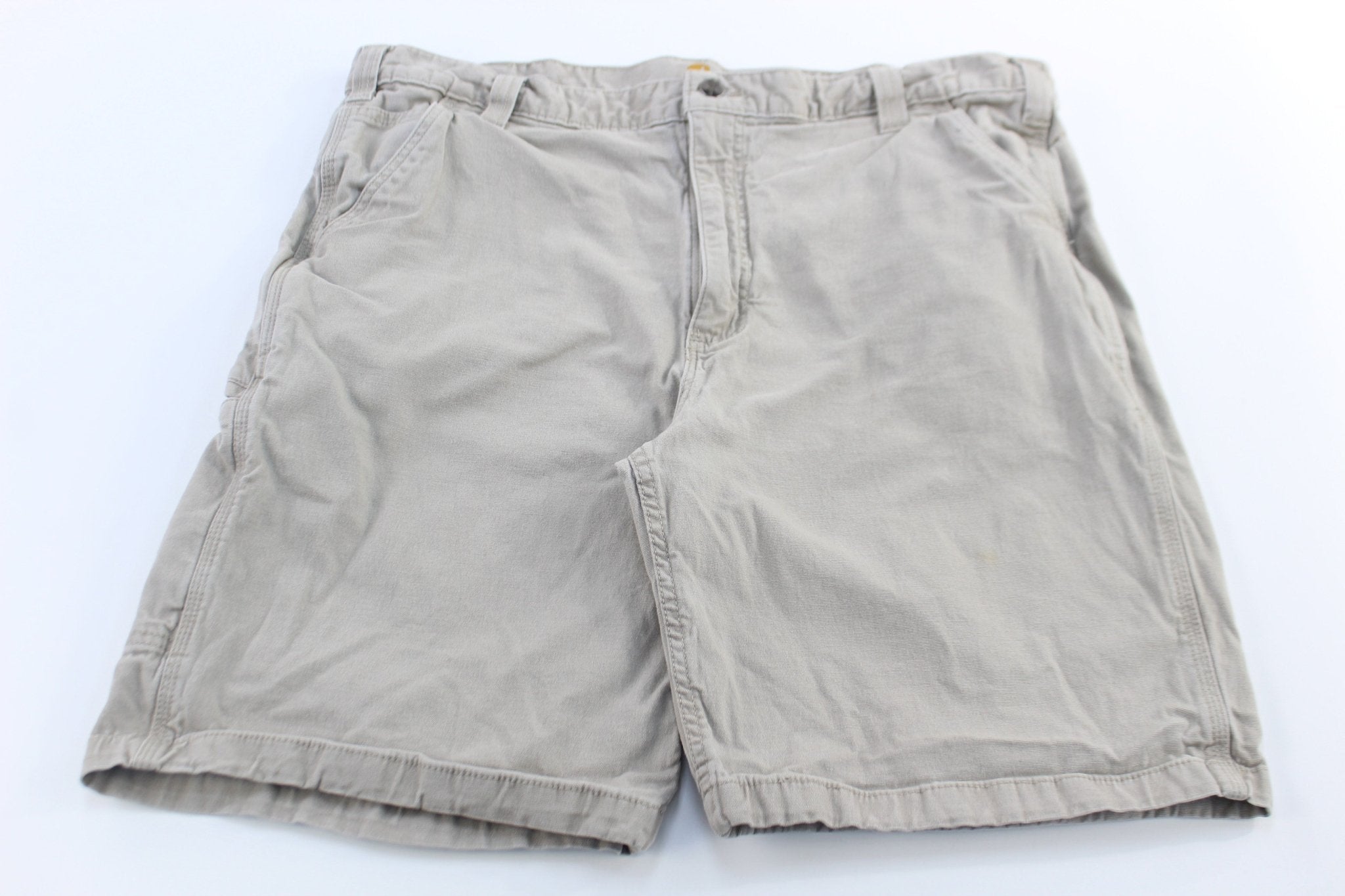 Carhartt Logo Patch Light Khaki Relaxed Fit Shorts - ThriftedThreads.com