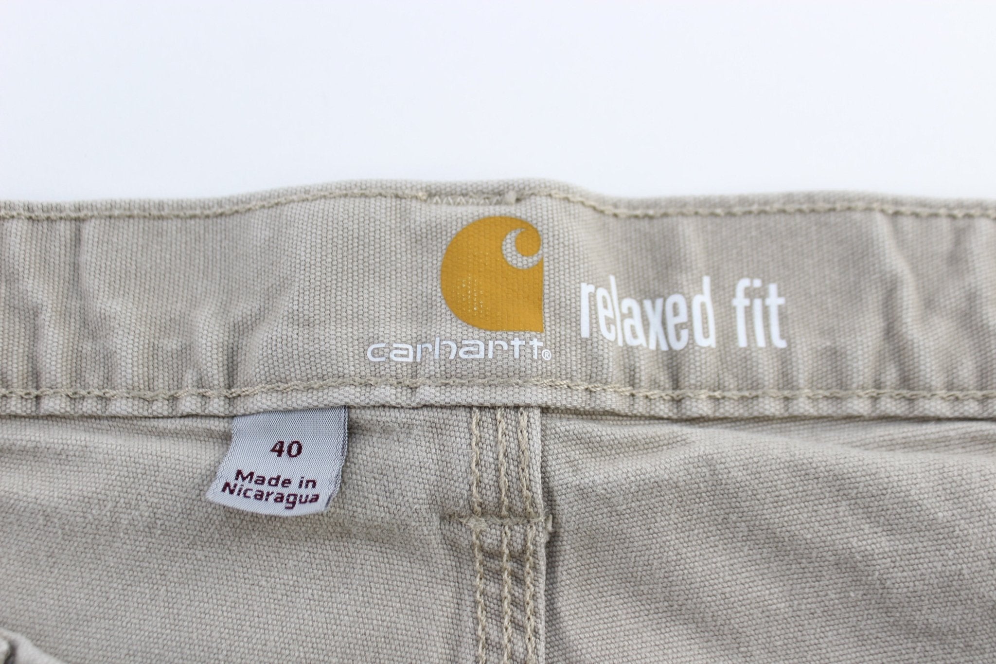 Carhartt Logo Patch Light Khaki Relaxed Fit Shorts - ThriftedThreads.com