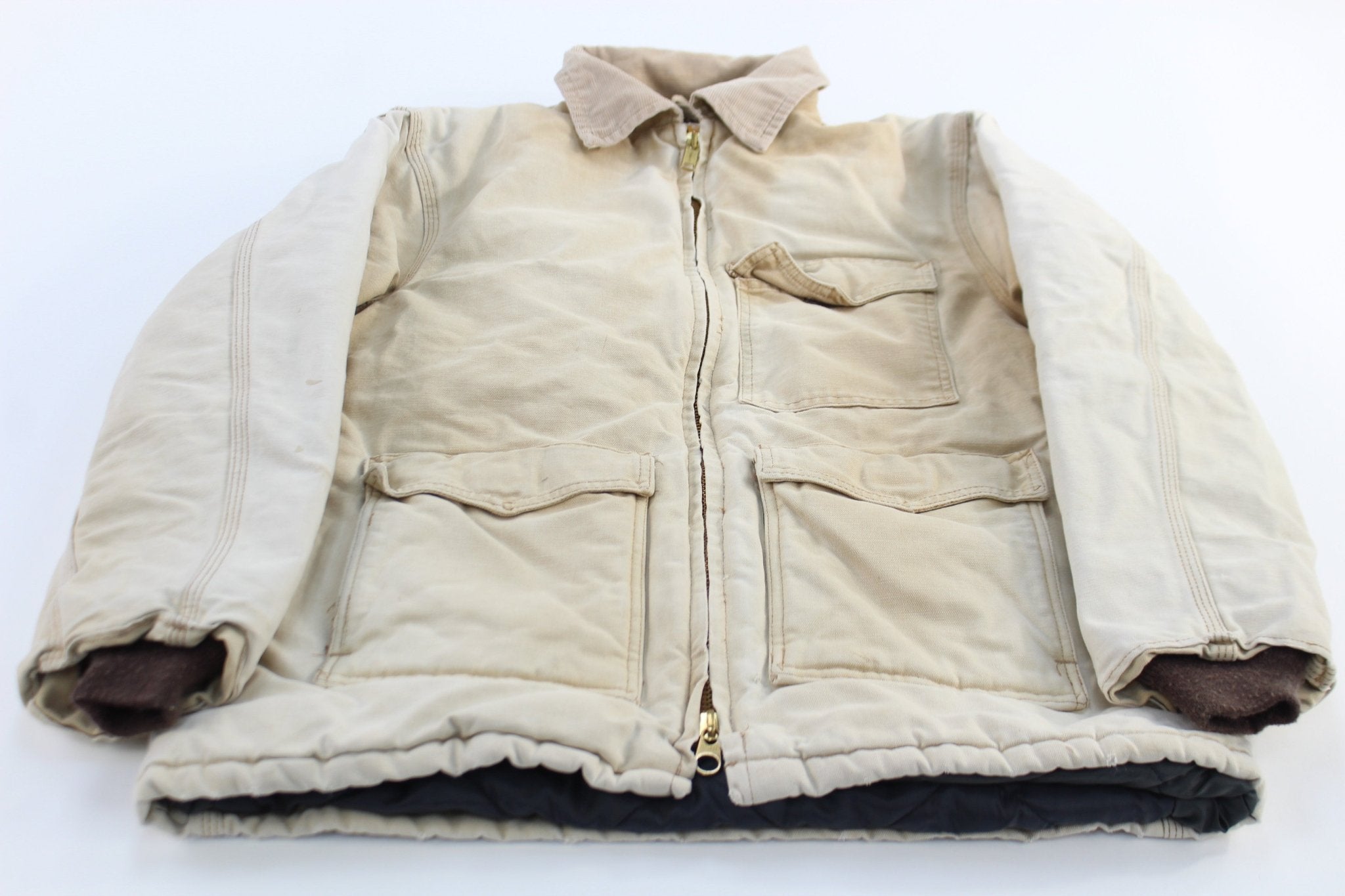 Carhartt Logo Patch Light Tan Quilt Lined Zip Up Jacket - ThriftedThreads.com