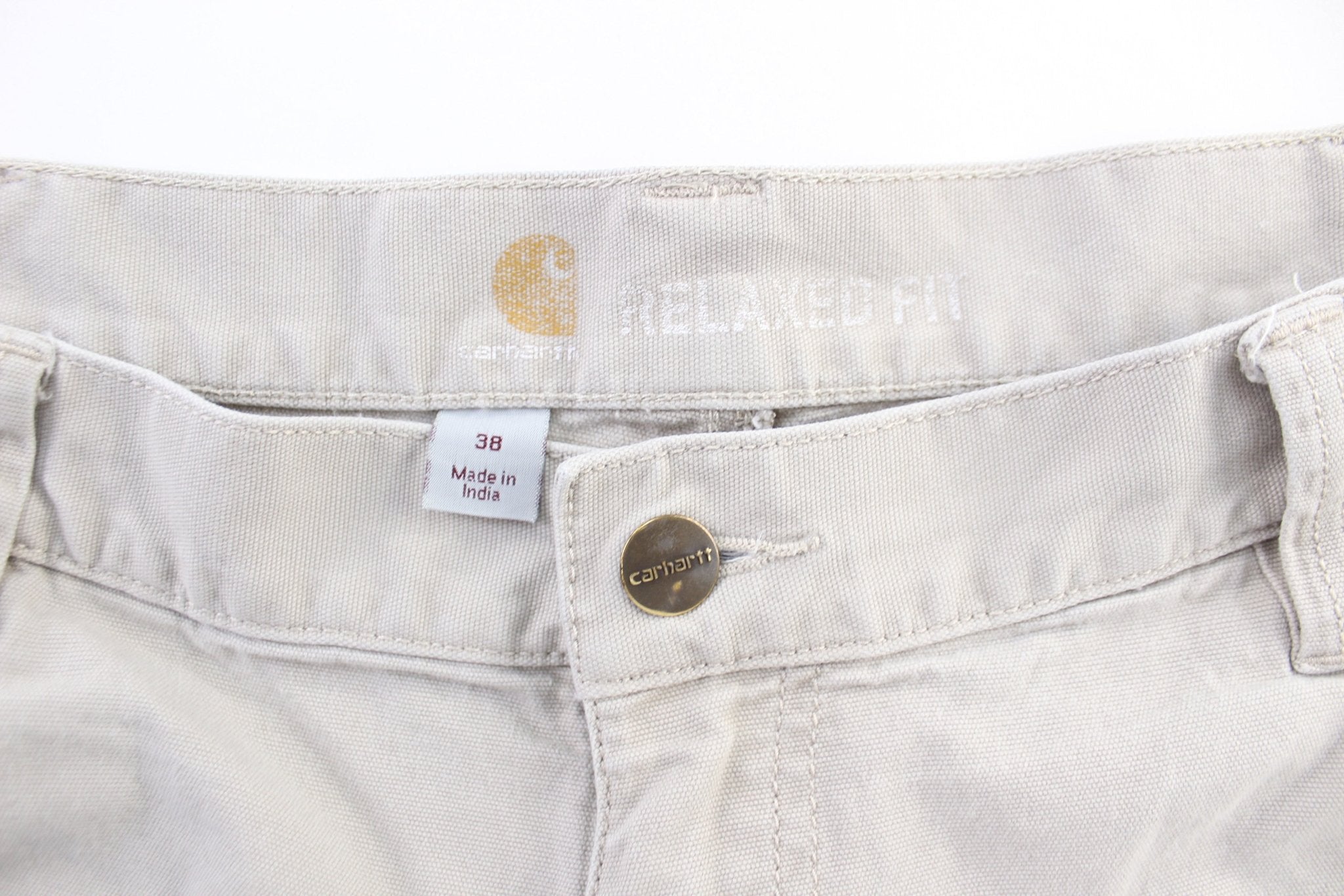 Carhartt Logo Patch Off White Carpenter Shorts - ThriftedThreads.com