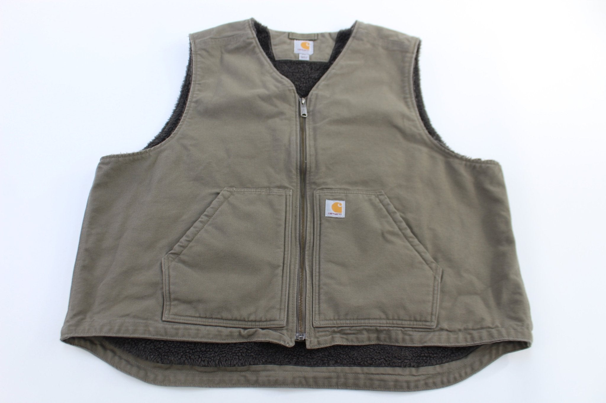 Carhartt Logo Patch Olive Green Sherpa Lined Vest - ThriftedThreads.com