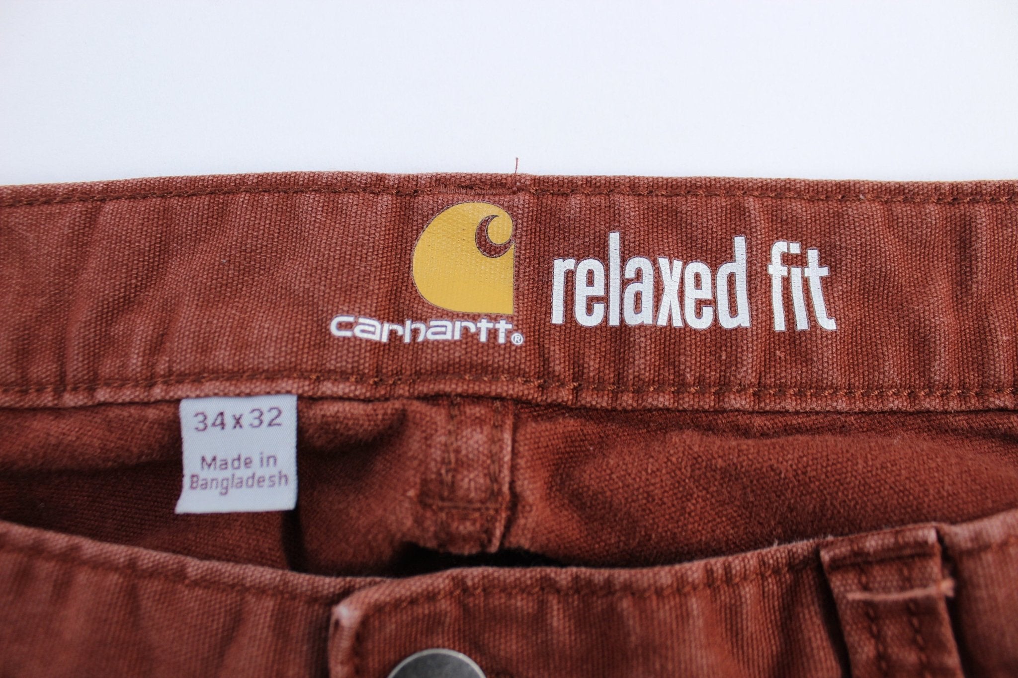 Carhartt Logo Patch Rust Red Relaxed Fit Pants - ThriftedThreads.com