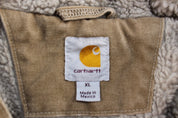 Carhartt Logo Patch Sherpa Lined Tan Hooded Jacket - ThriftedThreads.com