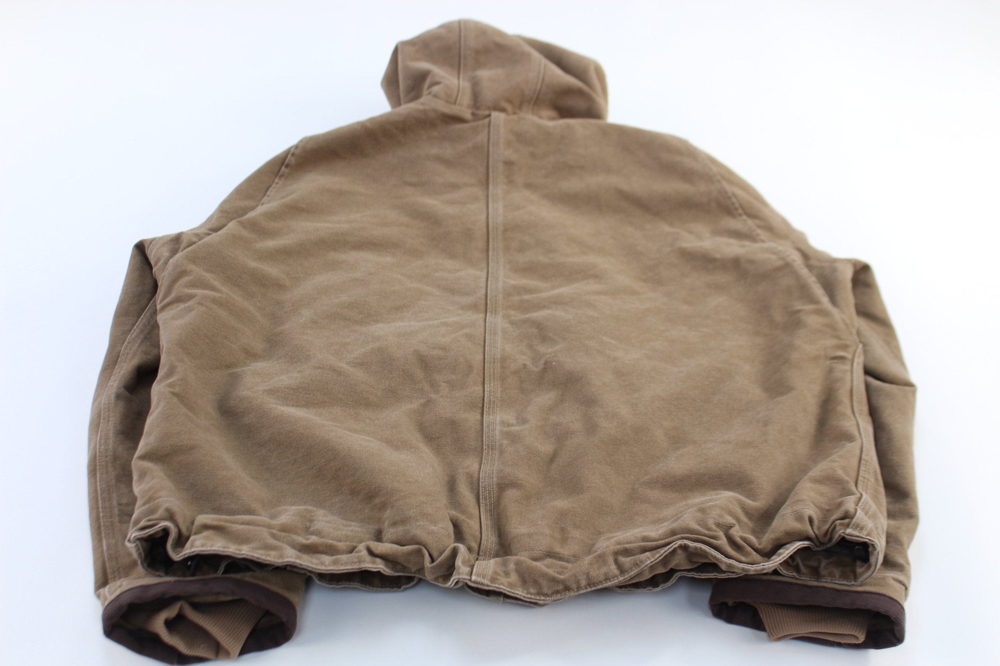 Carhartt Logo Patch Sherpa Lined Tan Hooded Jacket - ThriftedThreads.com