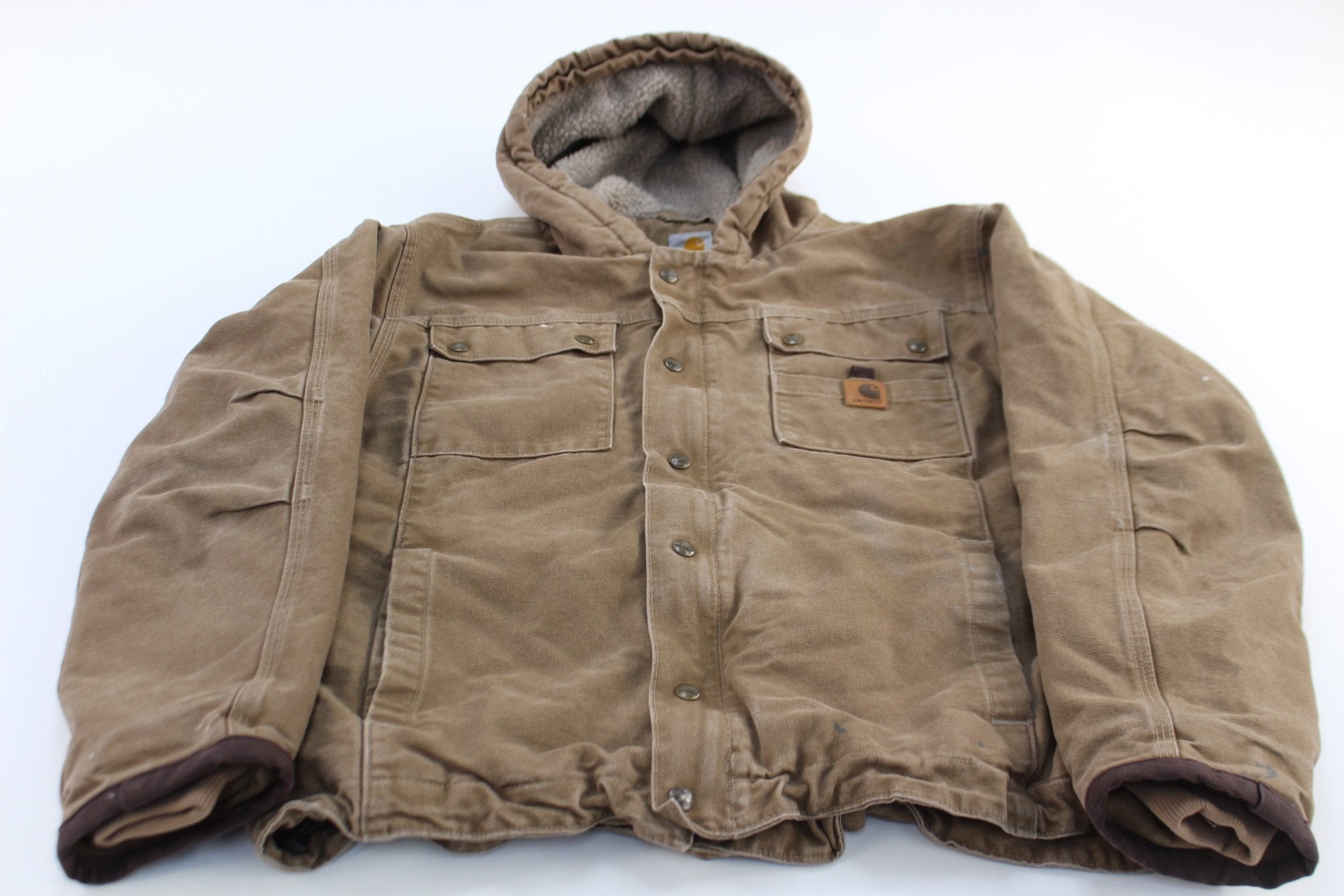 Carhartt Logo Patch Sherpa Lined Tan Hooded Jacket - ThriftedThreads.com