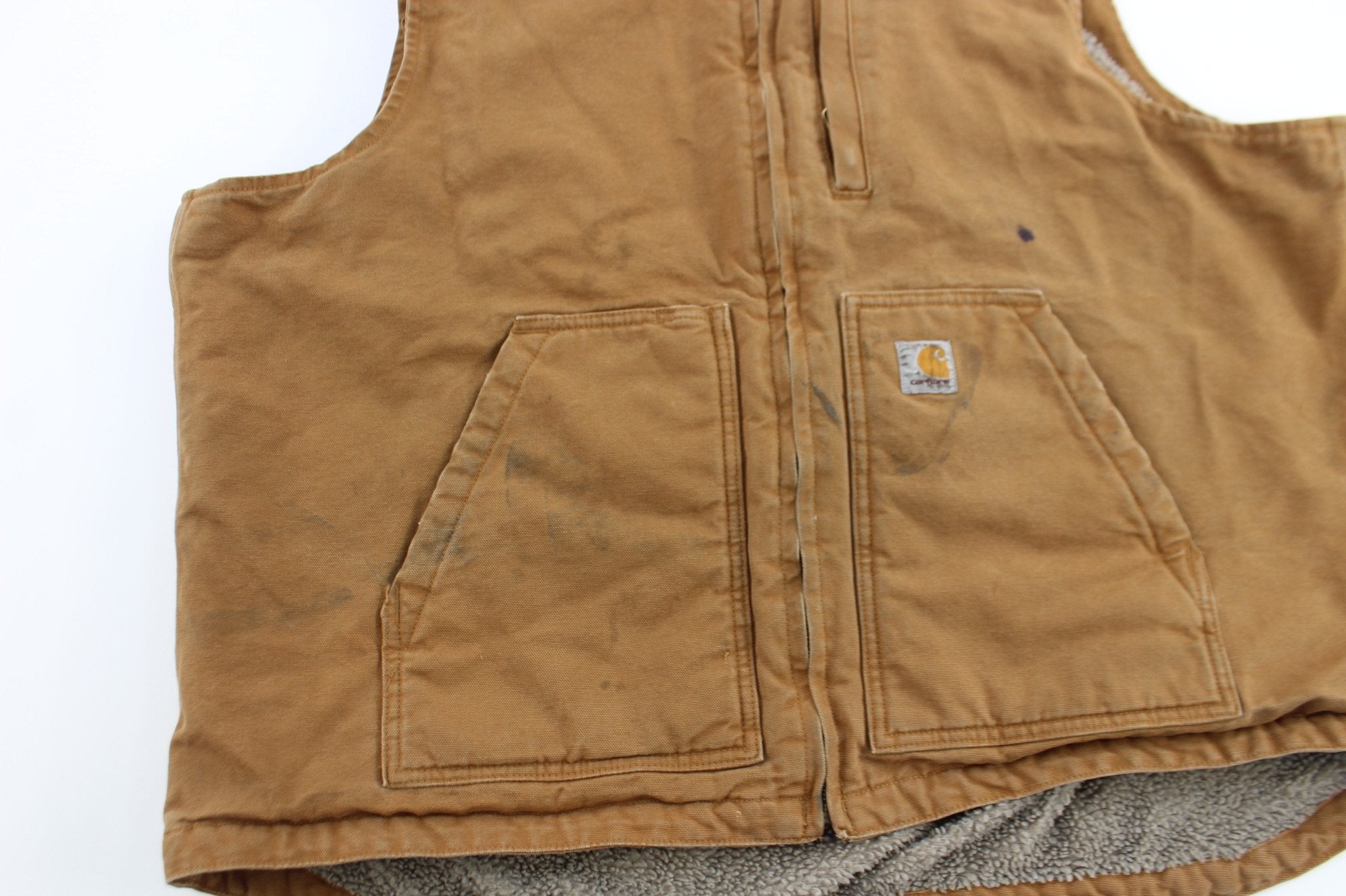 Carhartt Logo Patch Sherpa Lined Tan Loose Fit Vest - ThriftedThreads.com