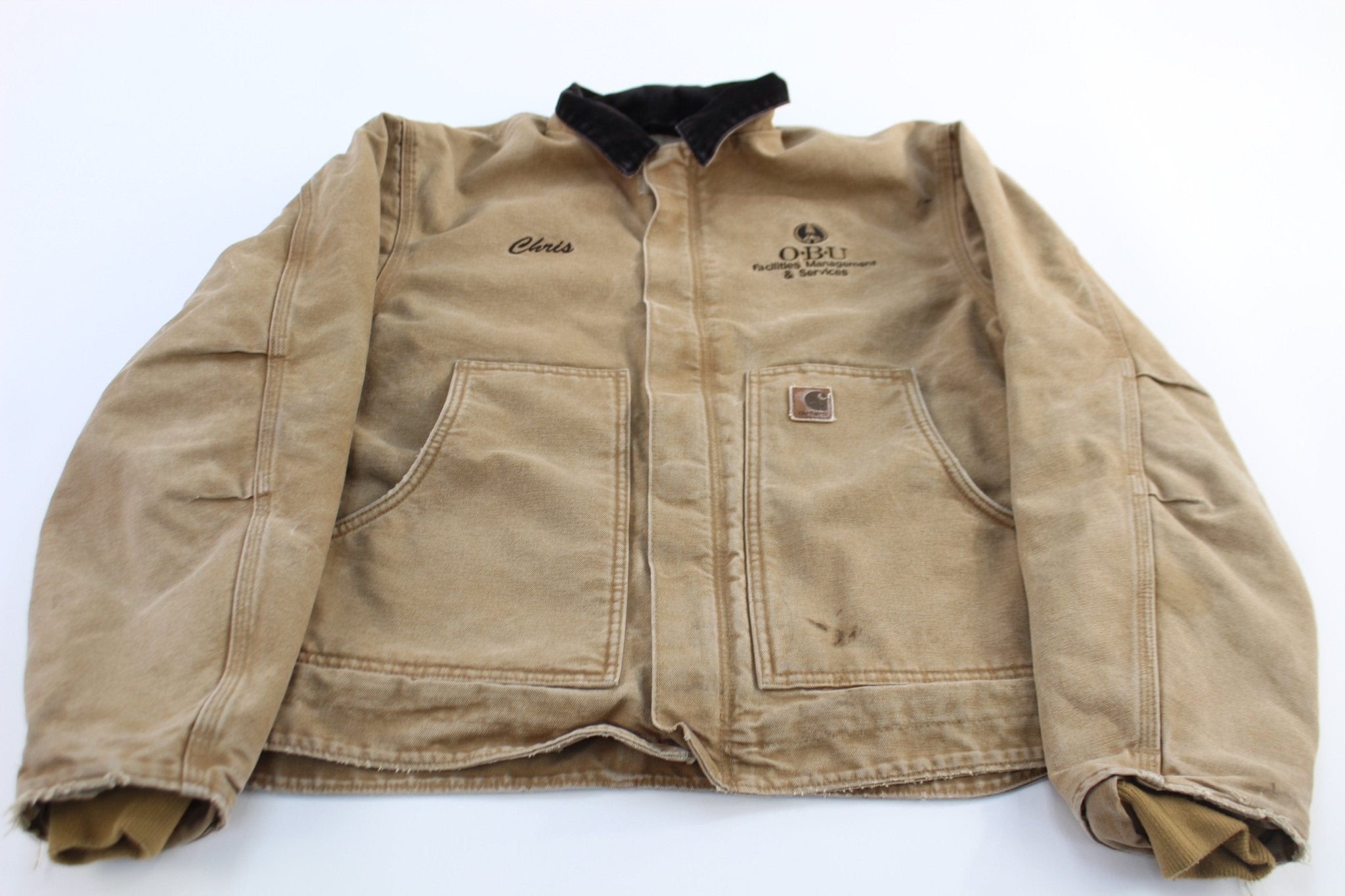 Carhartt Logo Patch Sherpa Lined Tan Zip Up Jacket - ThriftedThreads.com