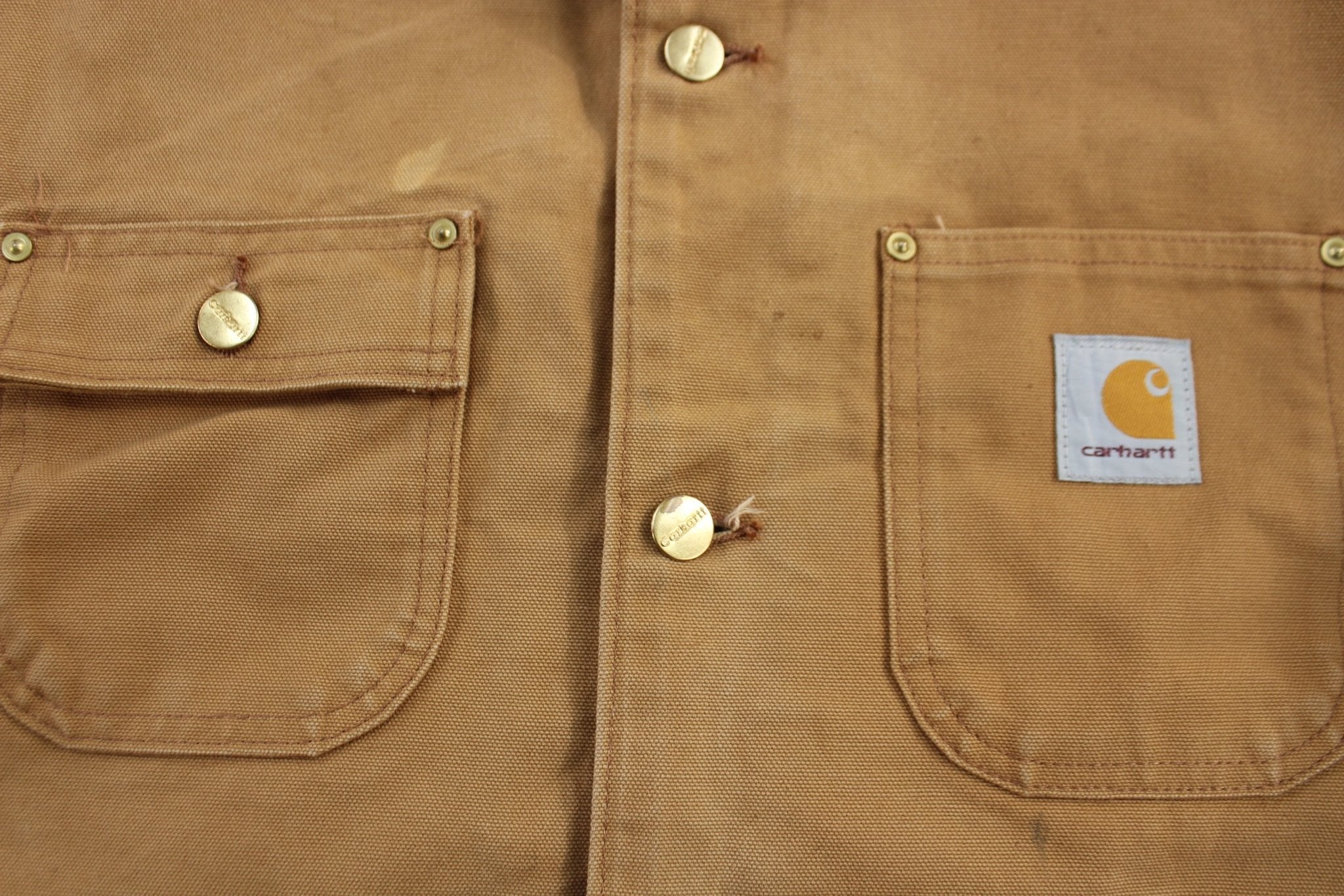 Carhartt Logo Patch Tan Blanket Lined Chore Jacket - ThriftedThreads.com
