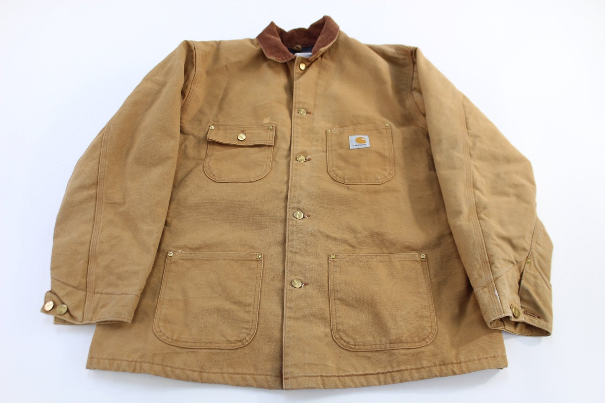 Carhartt Logo Patch Tan Blanket Lined Chore Jacket - ThriftedThreads.com