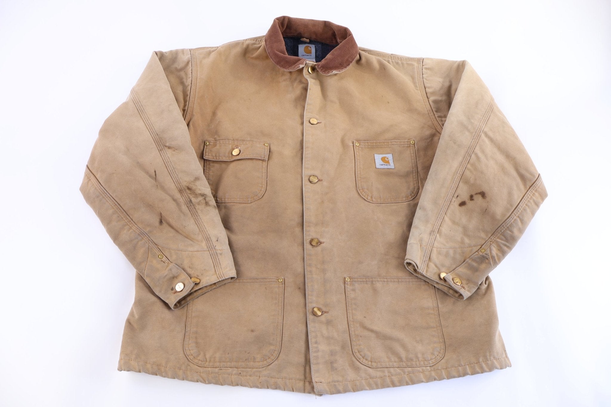 Carhartt Logo Patch Tan Blanket Lined Chore Jacket - Jacket - Thrifted Threads