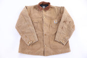 Carhartt Logo Patch Tan Blanket Lined Chore Jacket - Jacket - Thrifted Threads