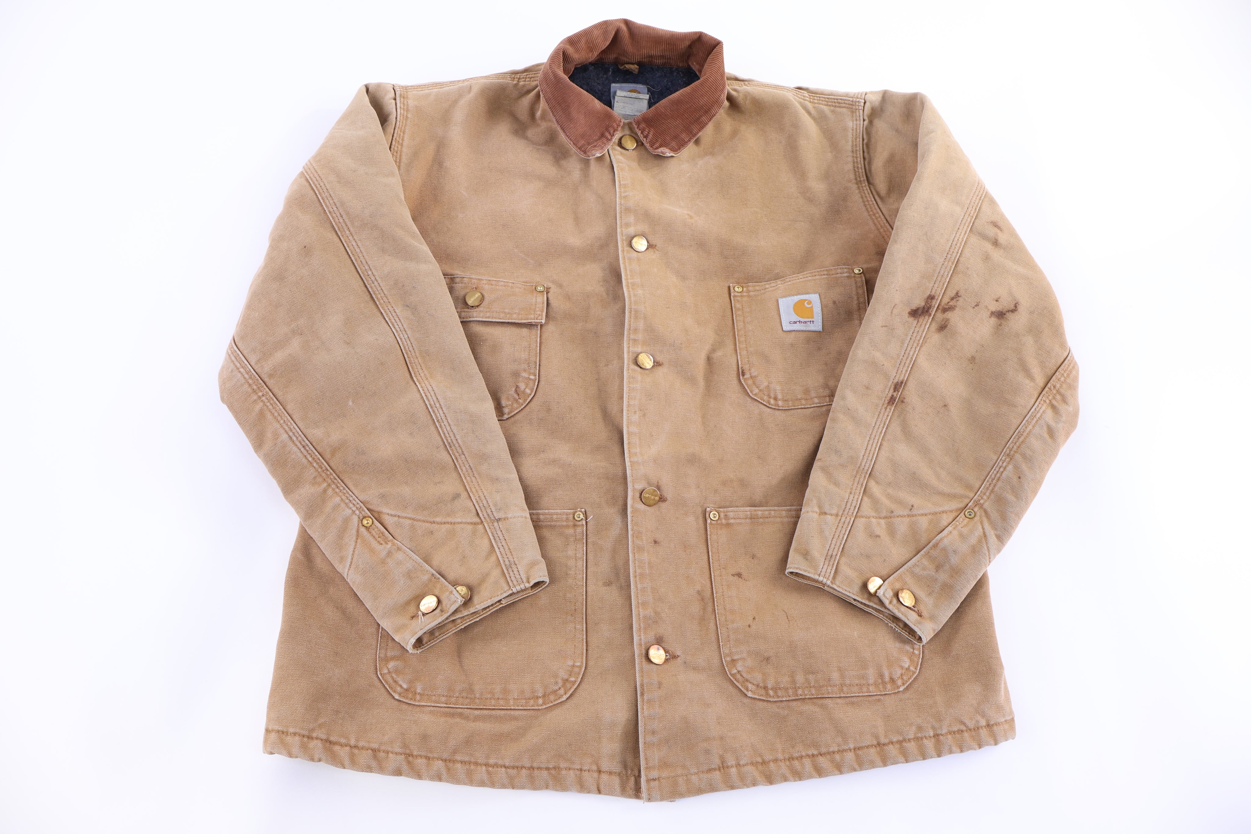 Carhartt Logo Patch Tan Blanket Lined Chore Jacket - Jacket - Thrifted Threads