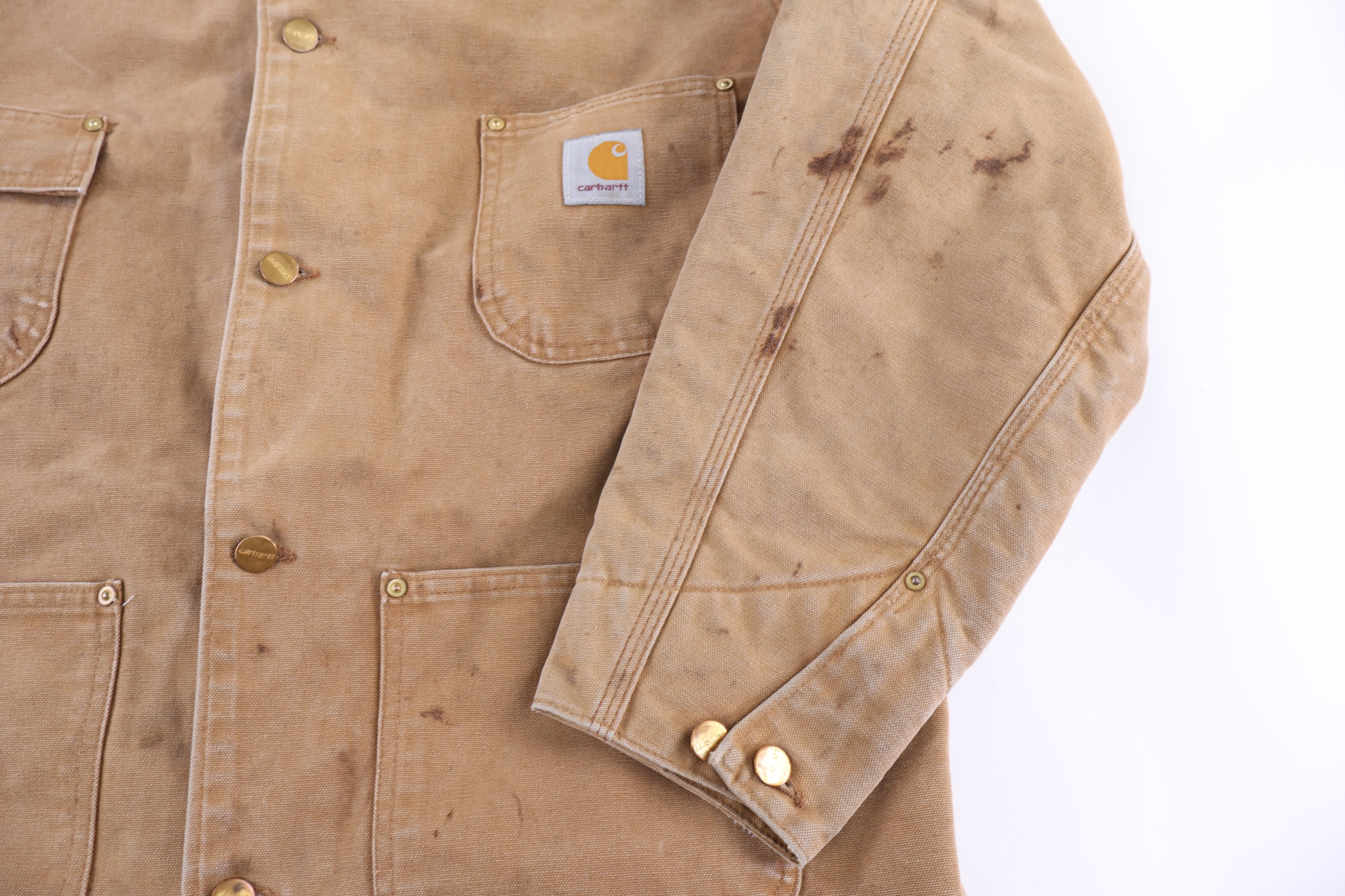 Carhartt Logo Patch Tan Blanket Lined Chore Jacket - Jacket - Thrifted Threads