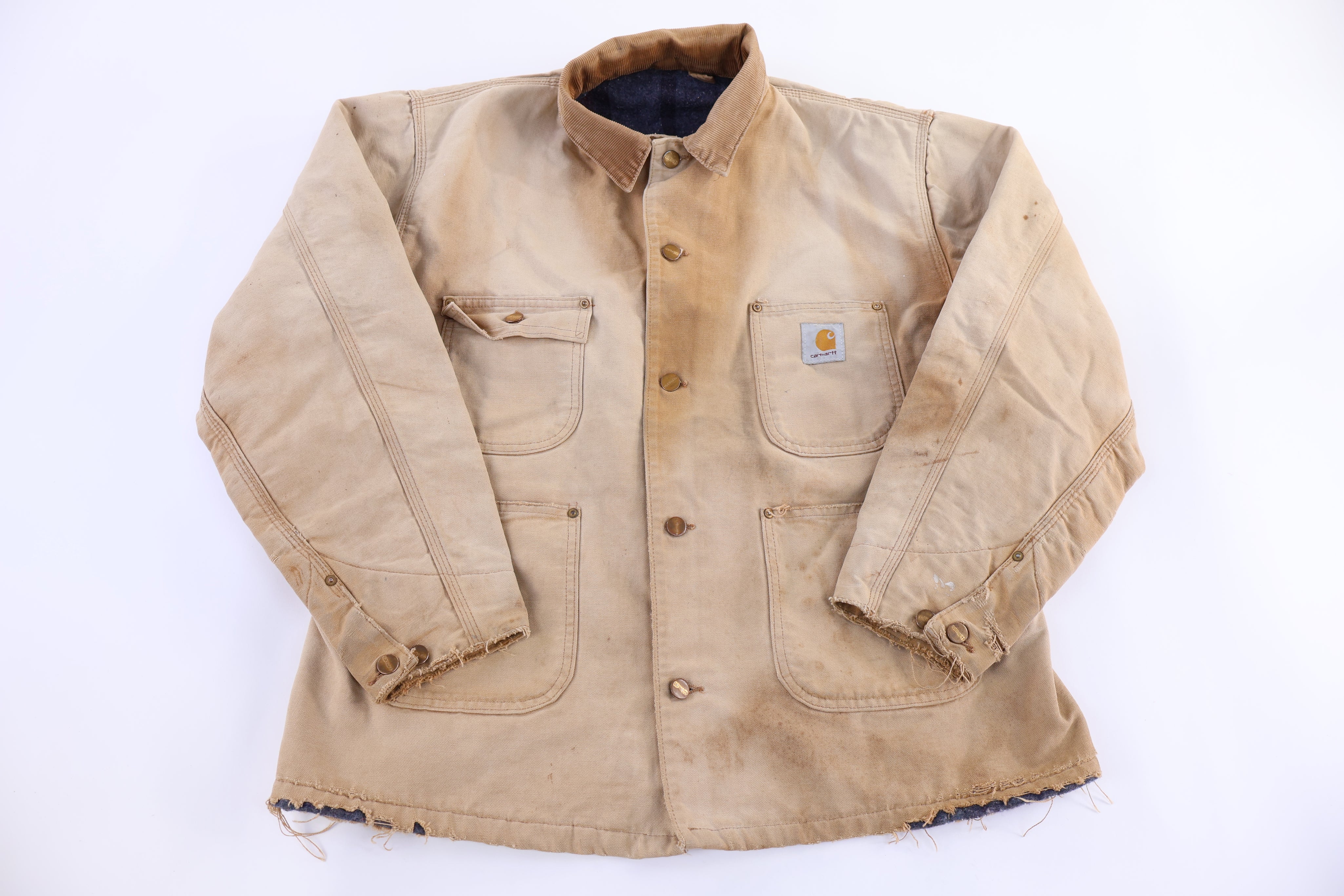 Carhartt Logo Patch Tan Blanket Lined Chore Jacket - Jacket - Thrifted Threads