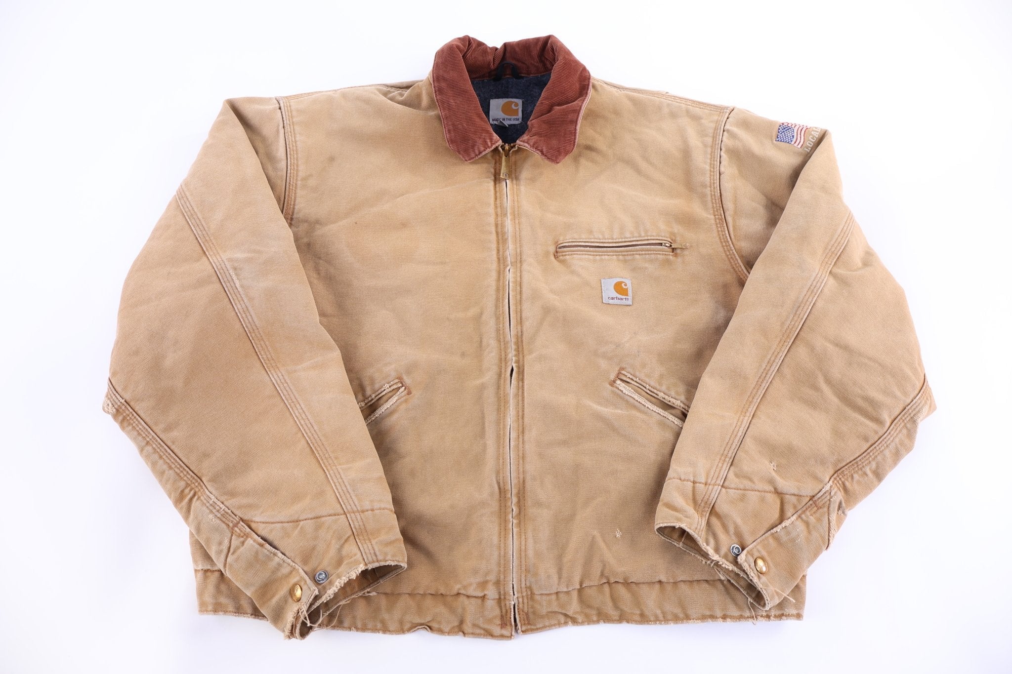 Carhartt Logo Patch Tan Blanket Lined Detroit Jacket - jacket - Thrifted Threads