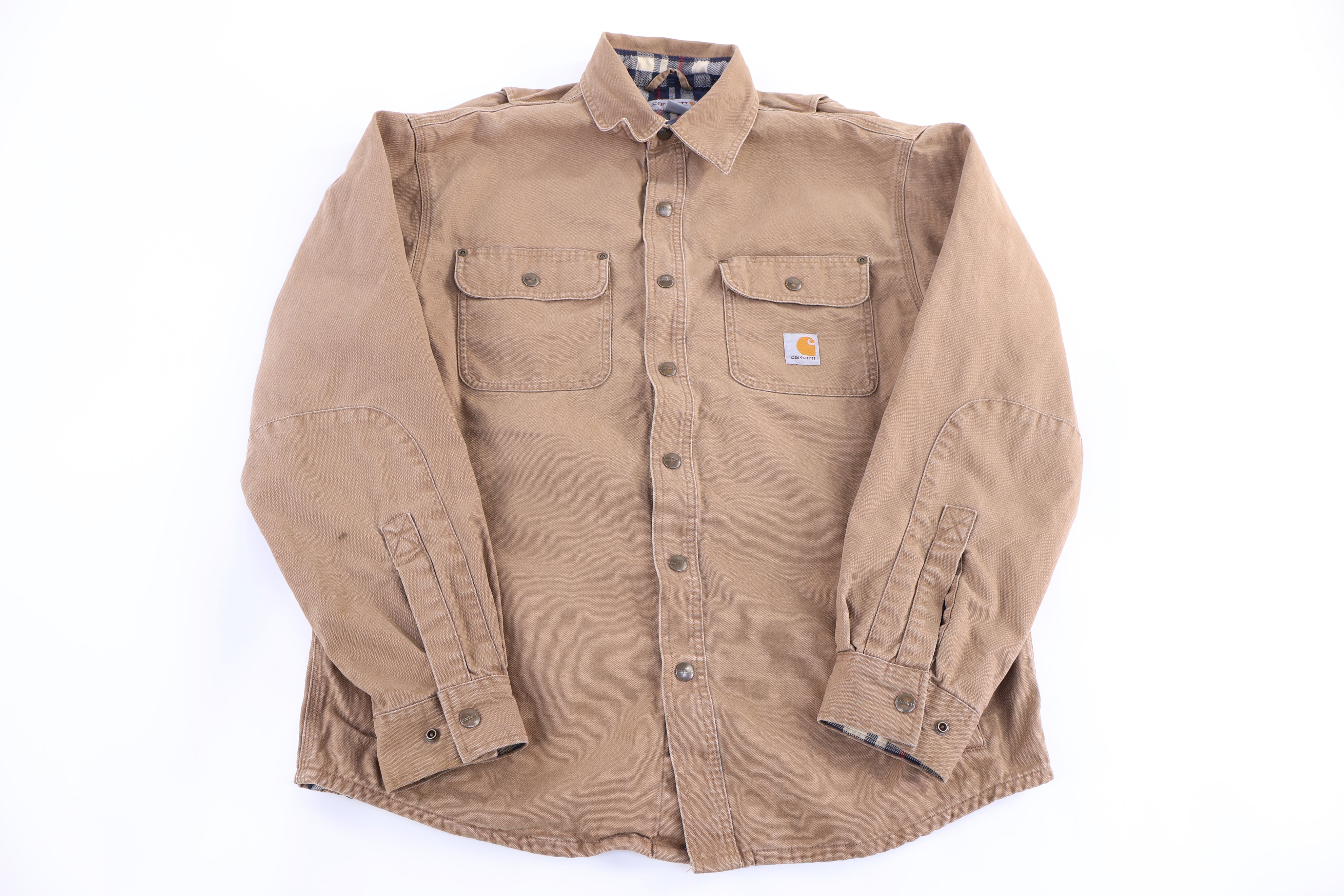 Carhartt Logo Patch Tan Flannel Lined LS Button Down - Button Ups/Downs - Thrifted Threads