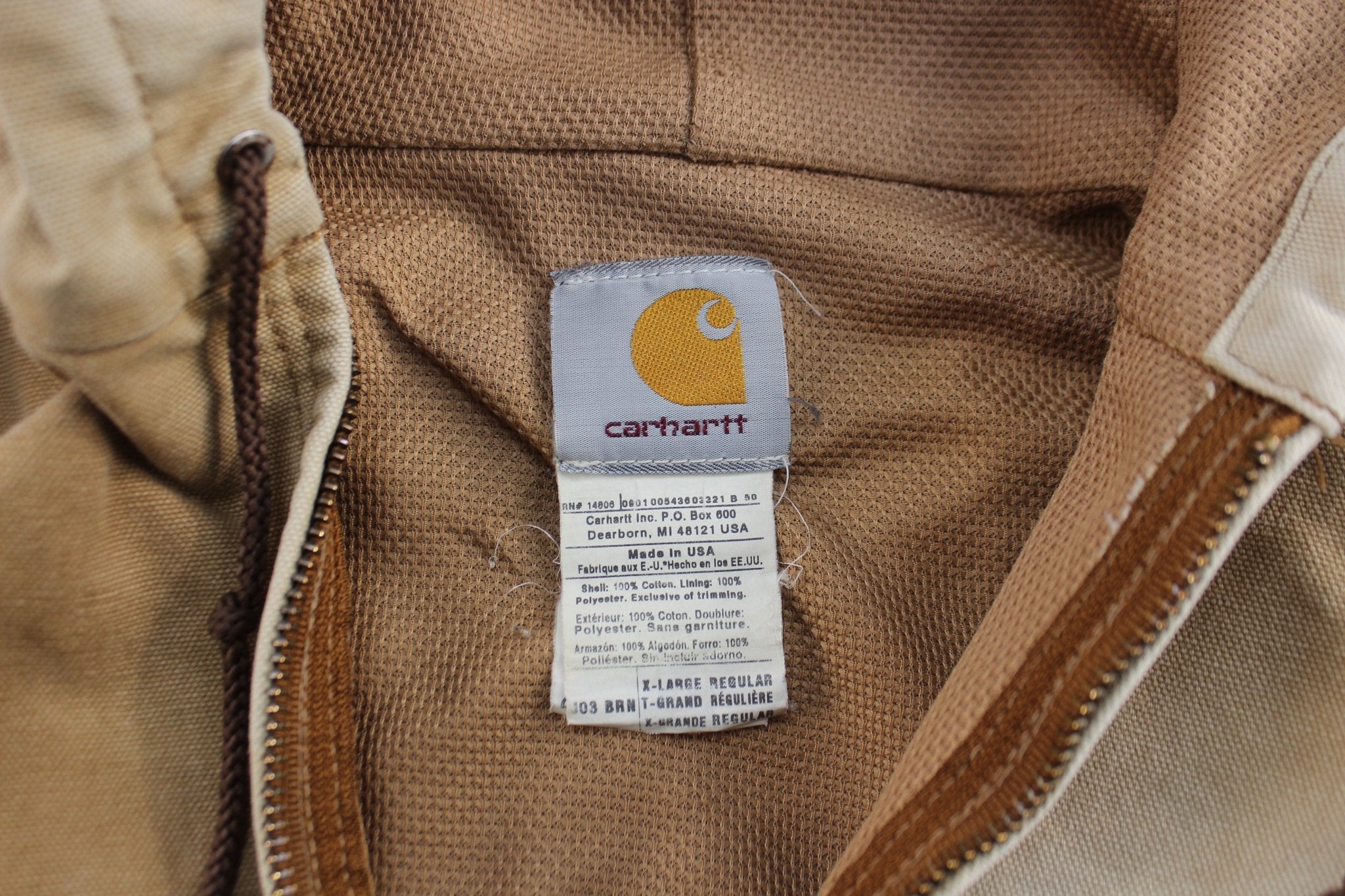 Carhartt Logo Patch Tan Hooded Zip Up Jacket - ThriftedThreads.com