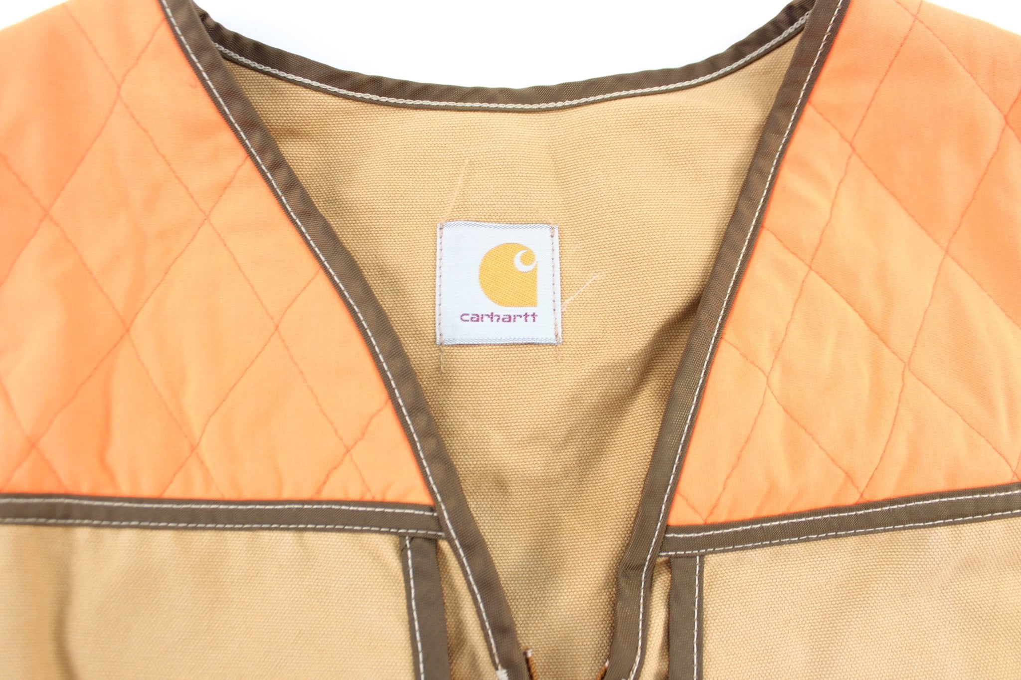 Carhartt Logo Patch Tan & Orange Zip Up Vest - ThriftedThreads.com