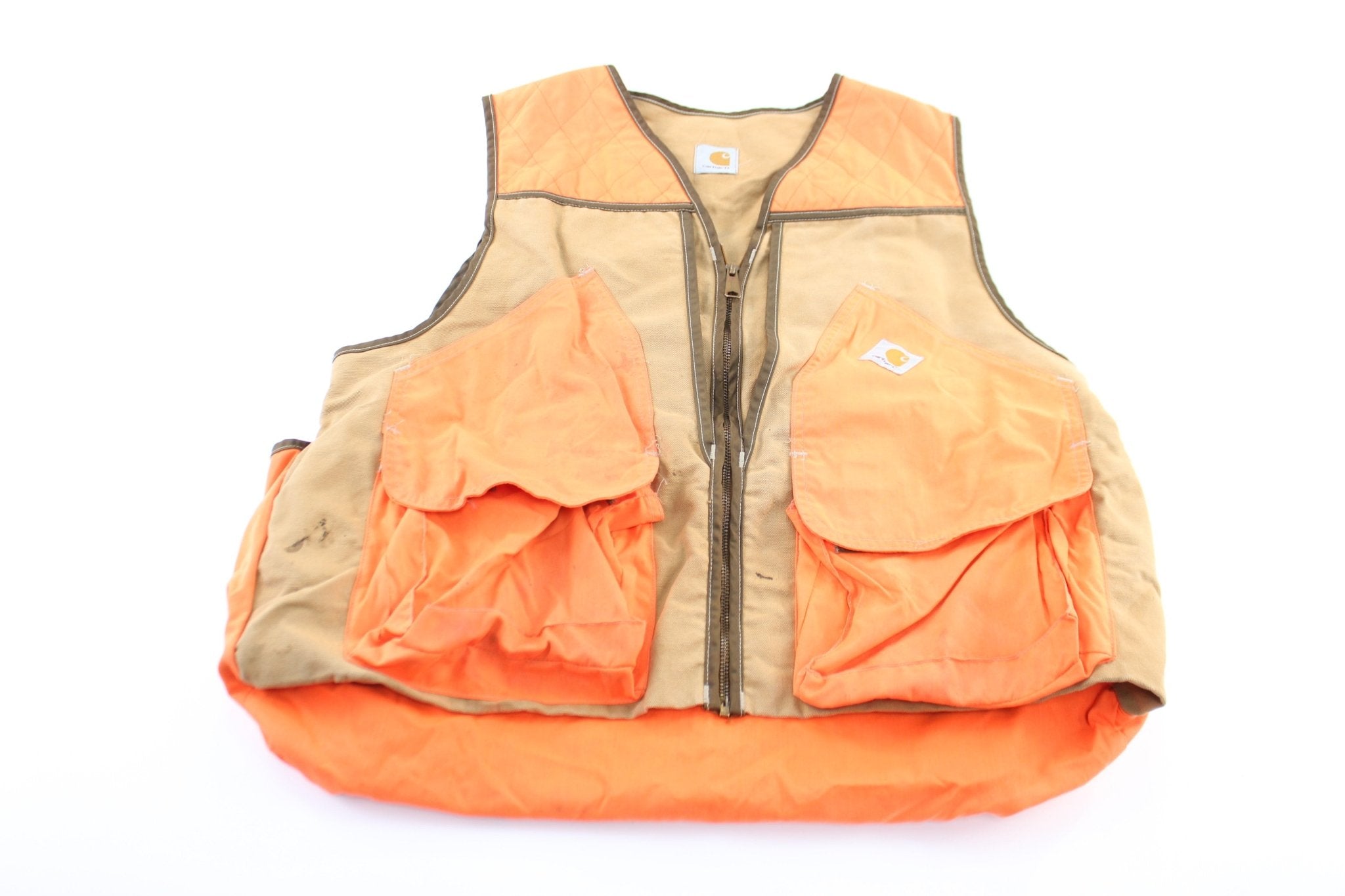 Carhartt Logo Patch Tan & Orange Zip Up Vest - ThriftedThreads.com