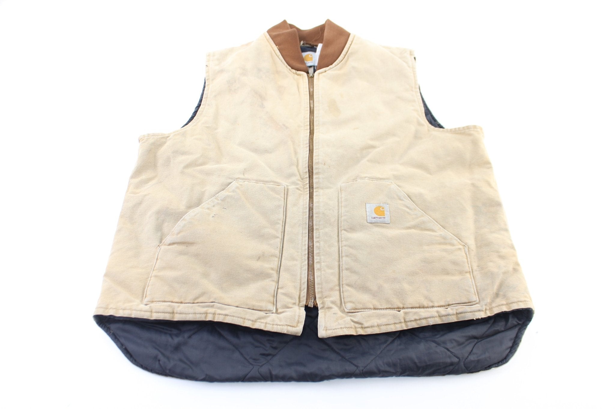 Carhartt Logo Patch Tan Quilted Zip Up Vest - ThriftedThreads.com