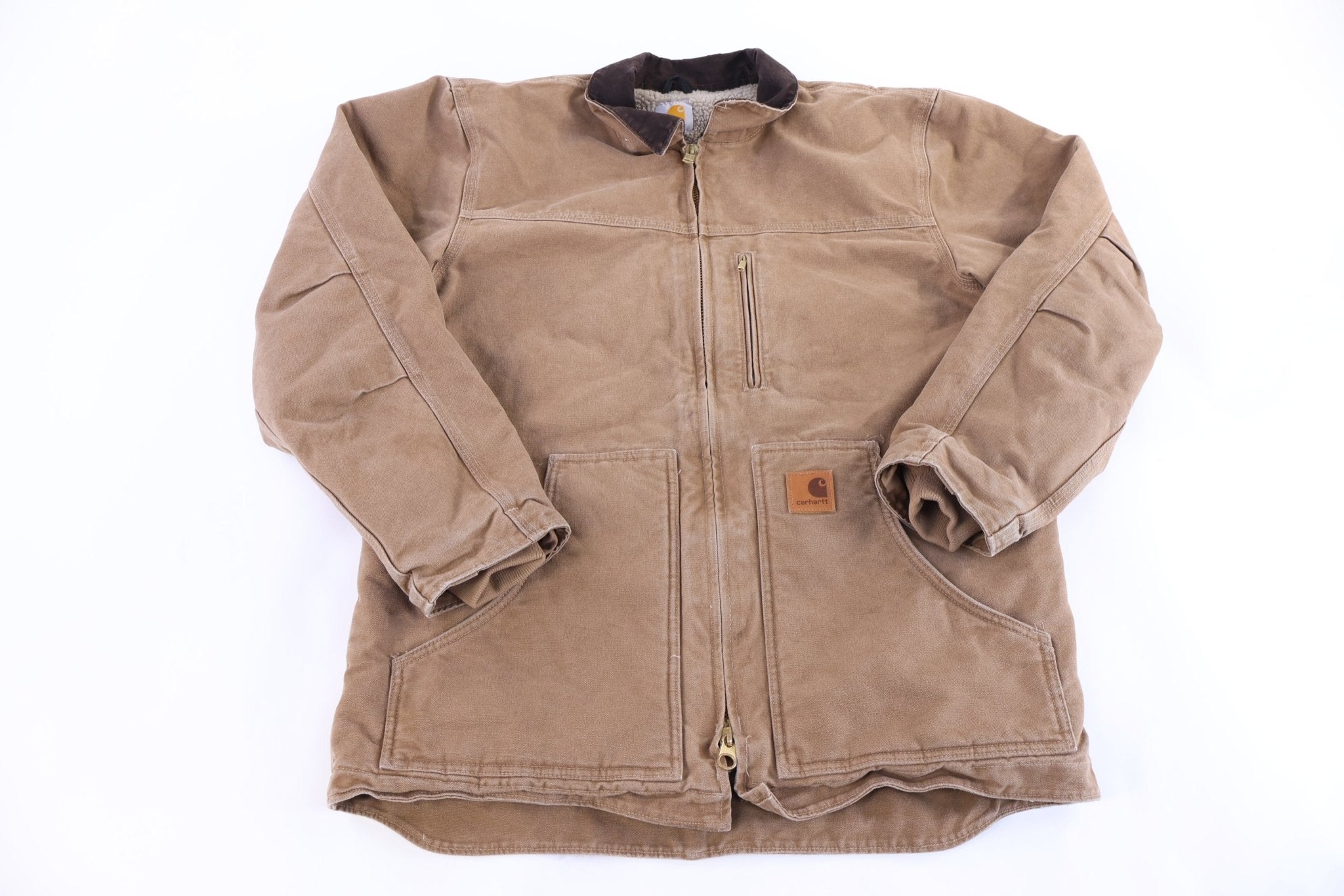 Carhartt Logo Patch Tan Sherpa Lined Full Zip Jacket - Jacket - Thrifted Threads