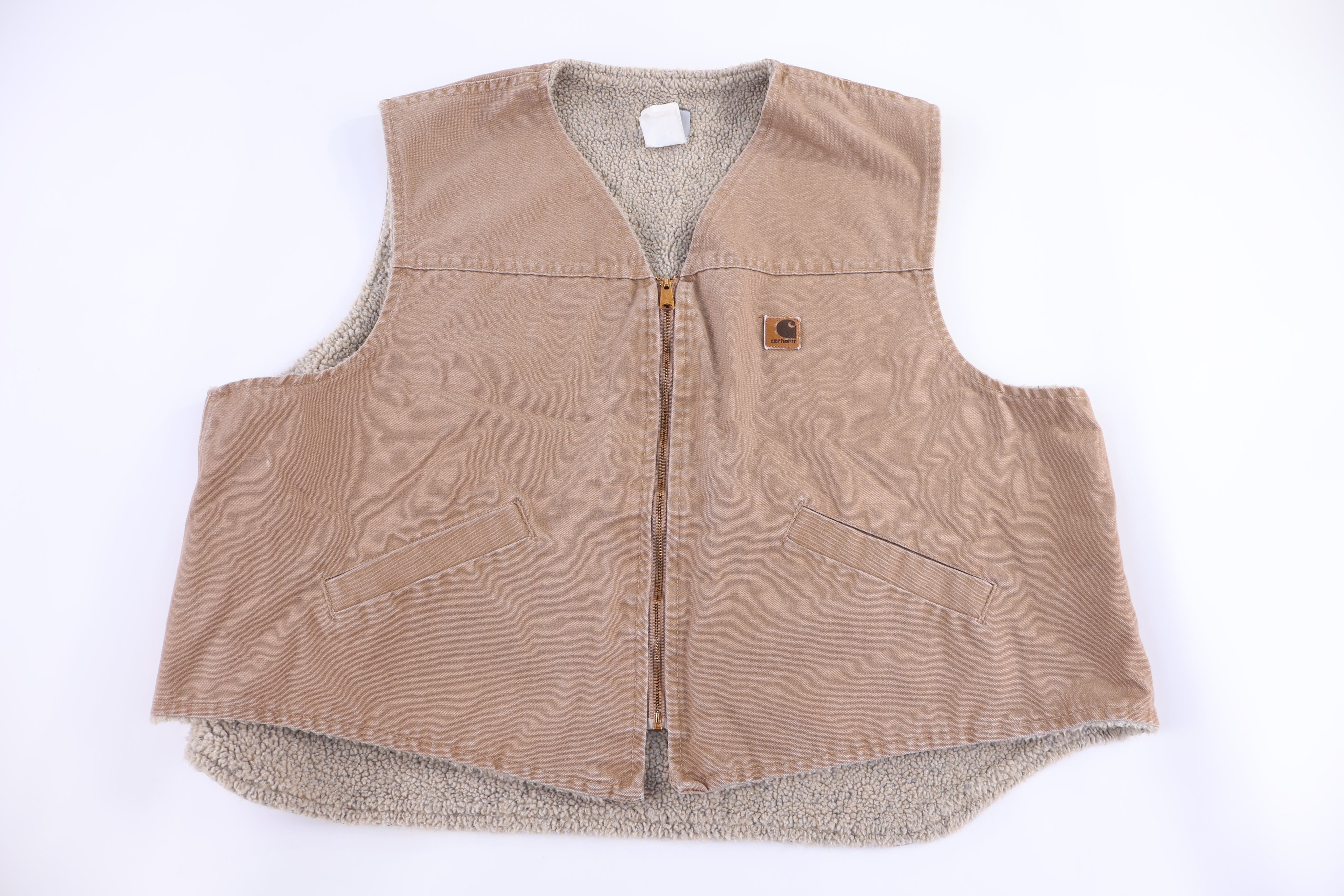 Carhartt Logo Patch Tan Sherpa Lined Vest - Vest - Thrifted Threads