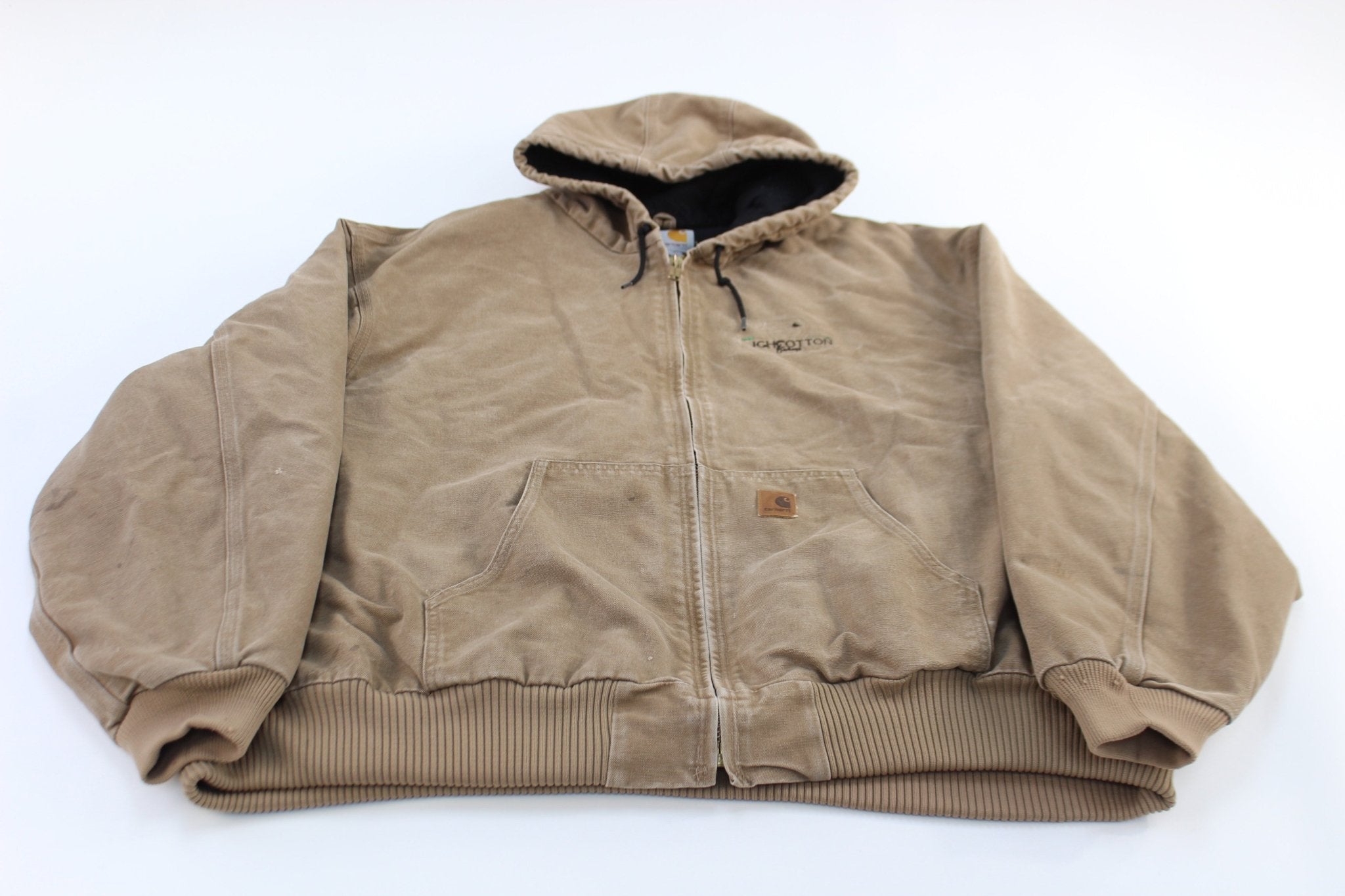 Carhartt Logo Patch Tan/Brown Hooded Zip Up Jacket - ThriftedThreads.com