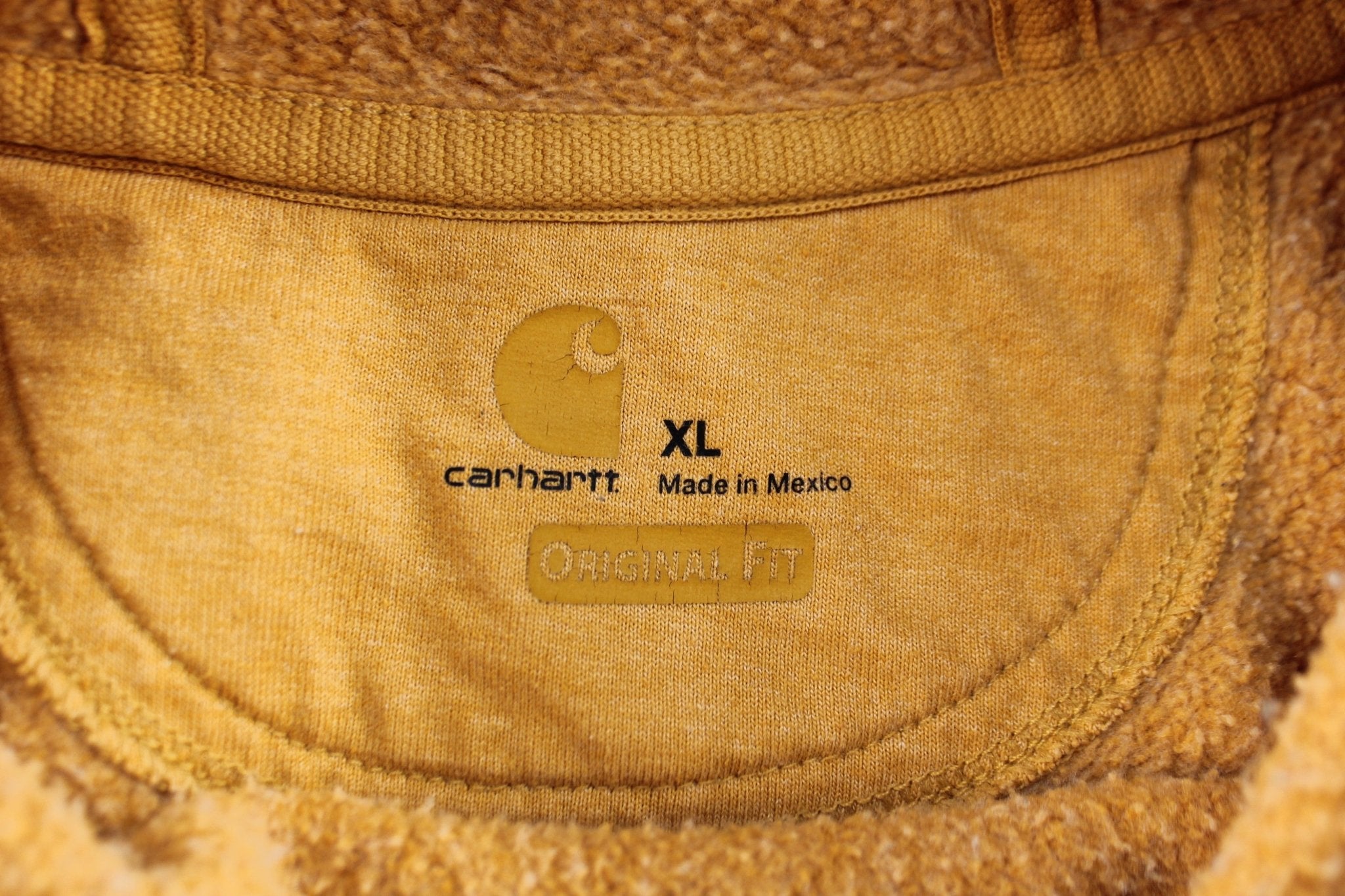 Carhartt Logo Patch Yellow Spellout Pullover Hoodie - ThriftedThreads.com